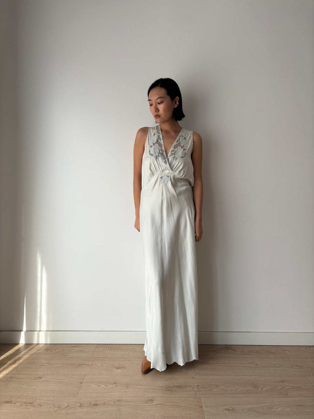 1940s Ice Blue Silk Nightgown, Floral Lace and Crossover V Neck, Vintage Bridal Maxi Dress