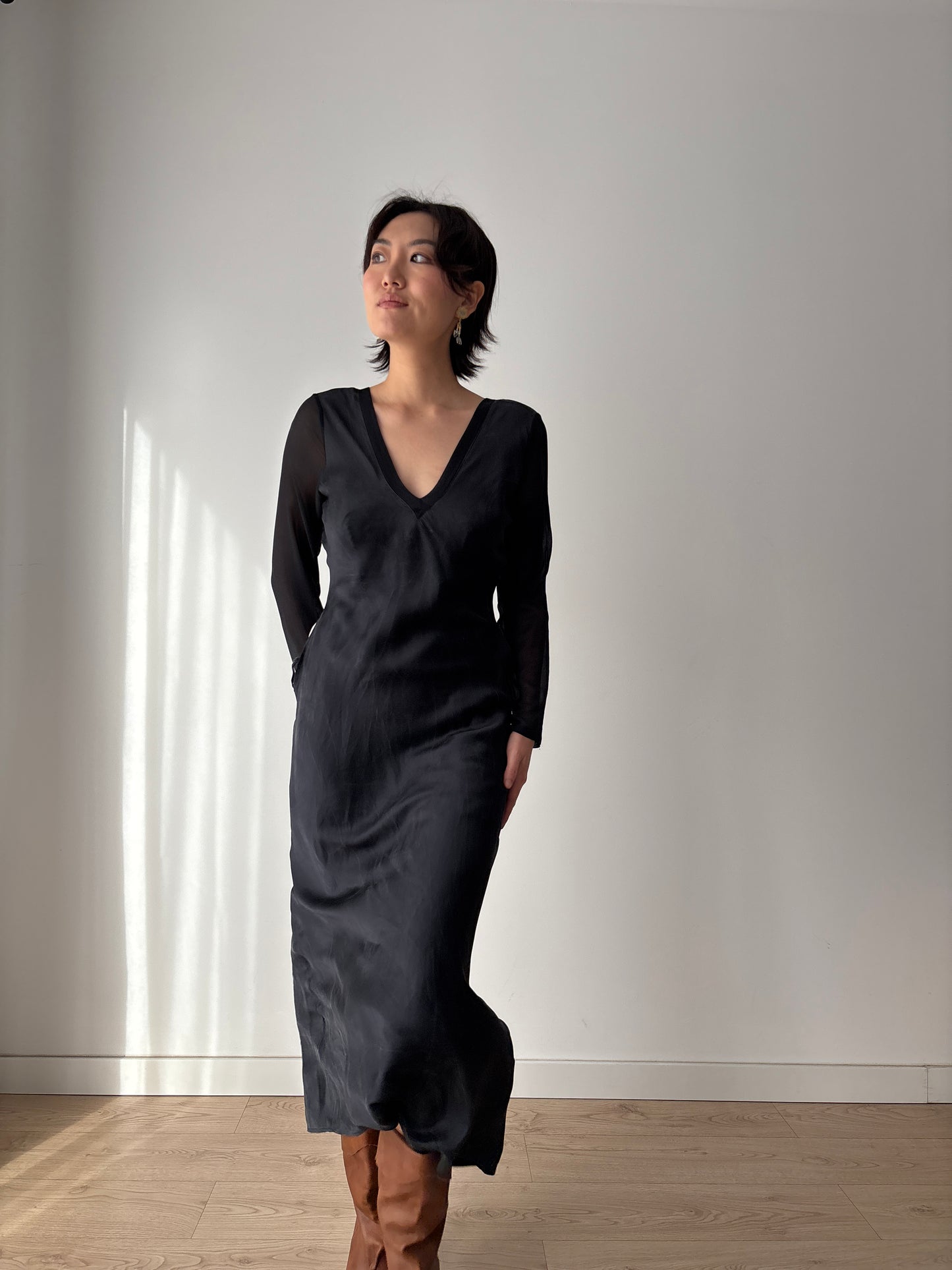 1990s Y2K Black Silk Nightgown: Long Sleeve with Side Tie Detail