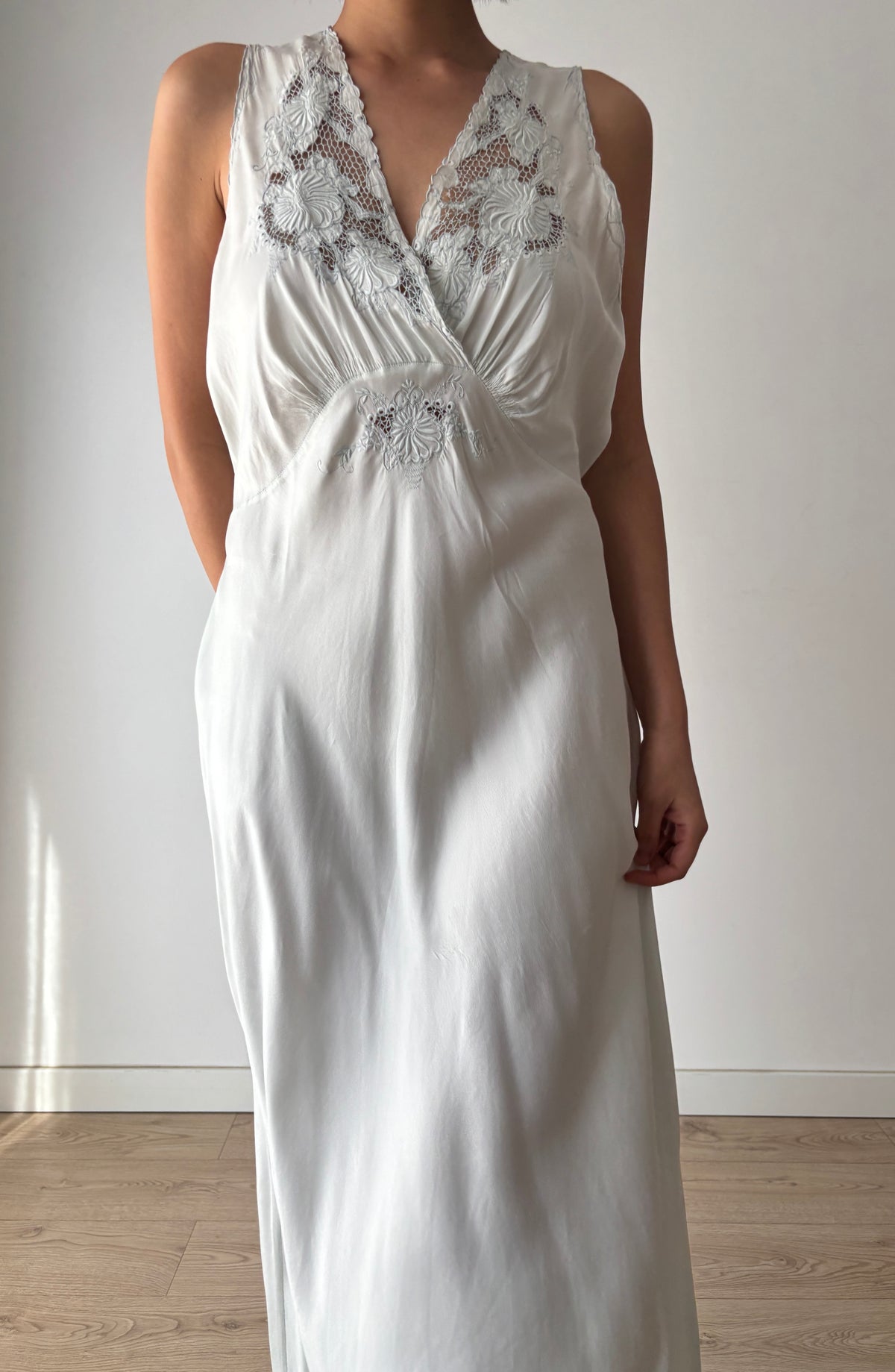 1940s Ice Blue Silk Nightgown, Floral Lace and Crossover V Neck, Vintage Bridal Maxi Dress