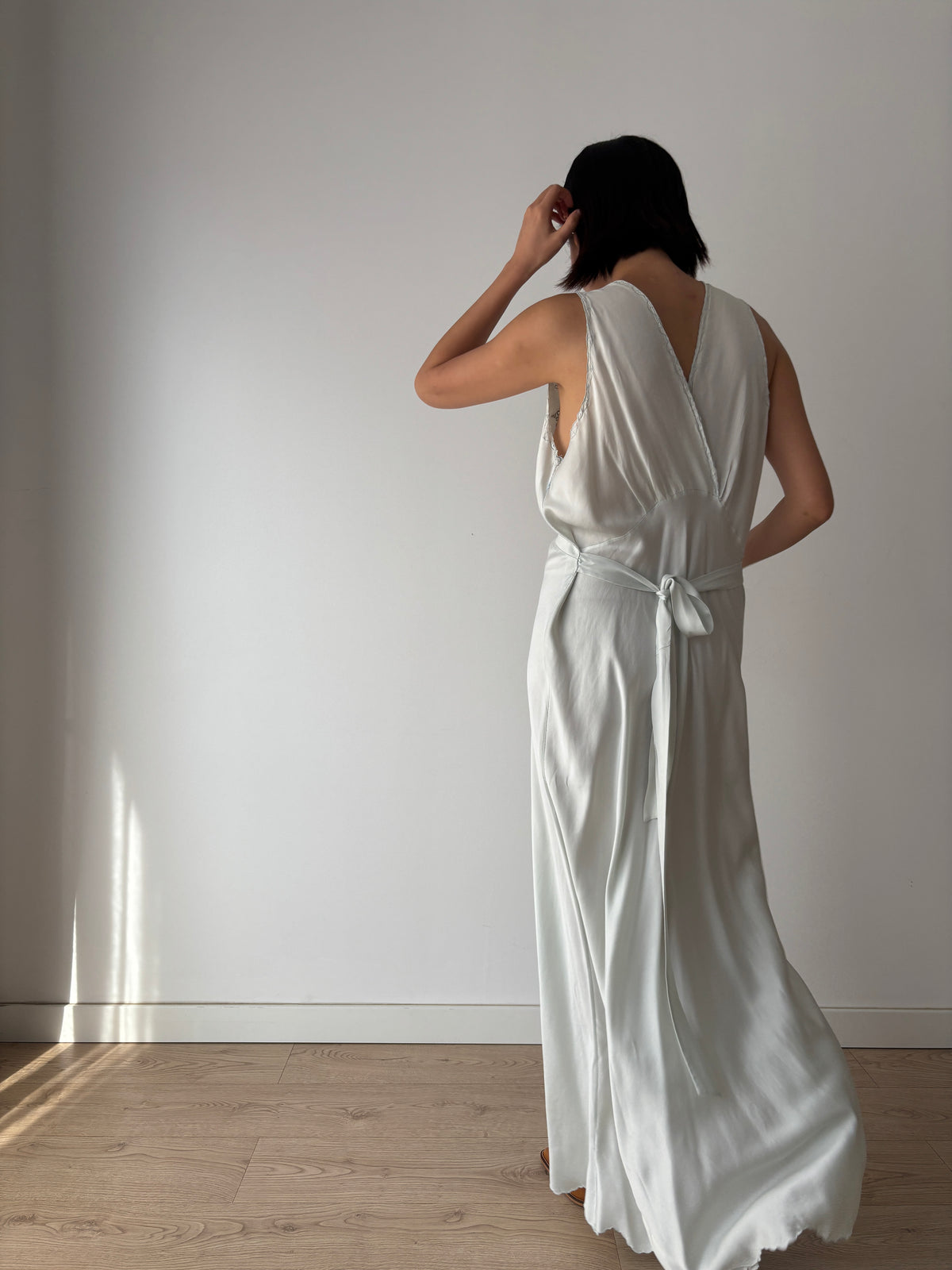 1940s Ice Blue Silk Nightgown, Floral Lace and Crossover V Neck, Vintage Bridal Maxi Dress