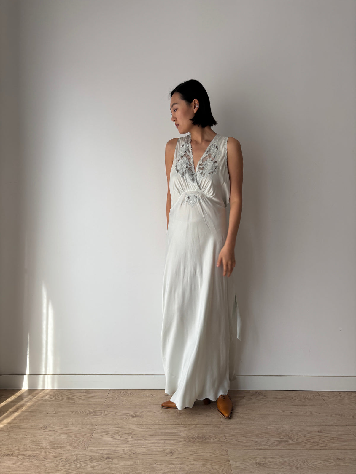 1940s Ice Blue Silk Nightgown, Floral Lace and Crossover V Neck, Vintage Bridal Maxi Dress