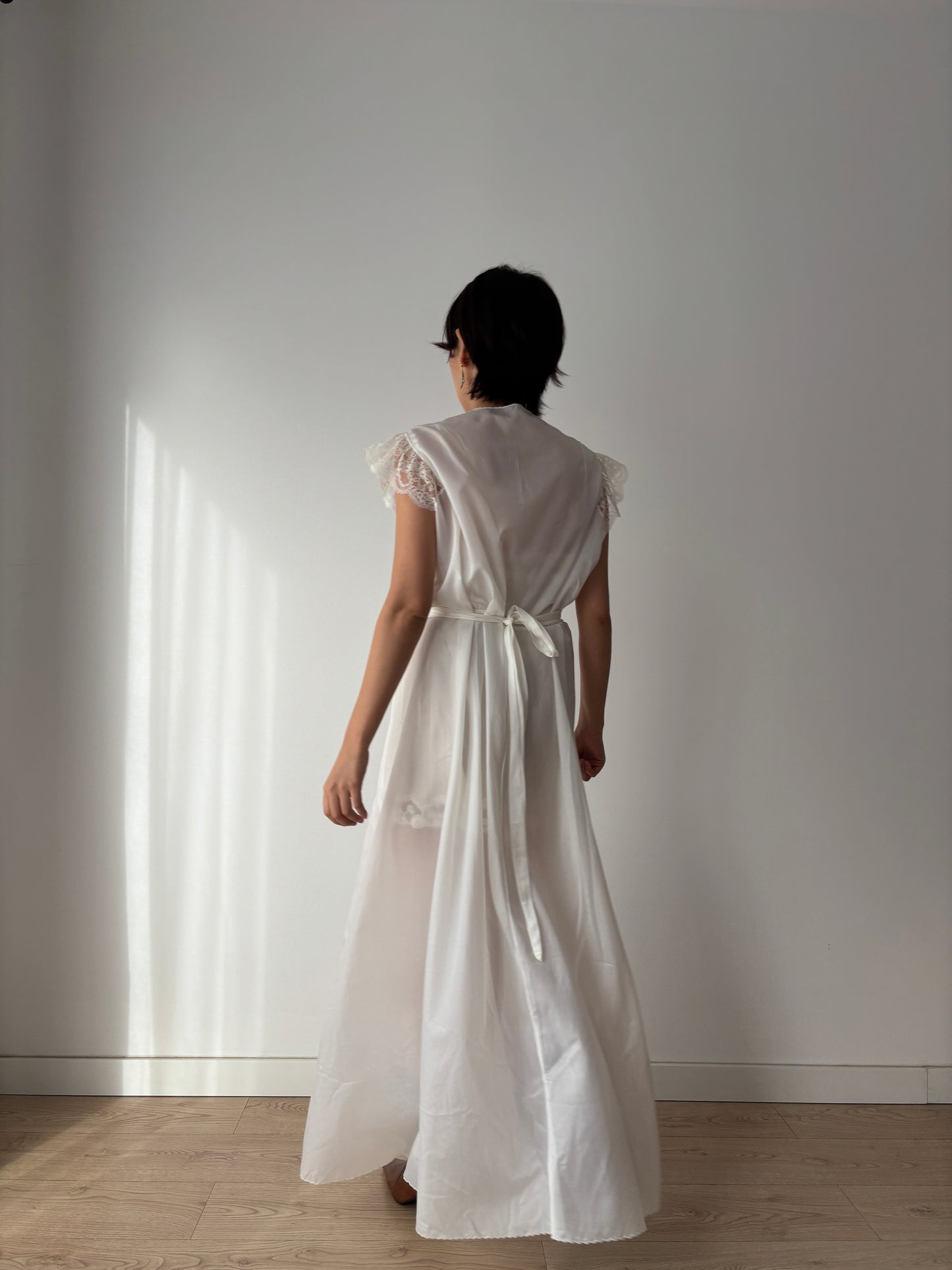 1960s Nylon Slip Dress in White: Blue Floral Appliqué & Bow Detail