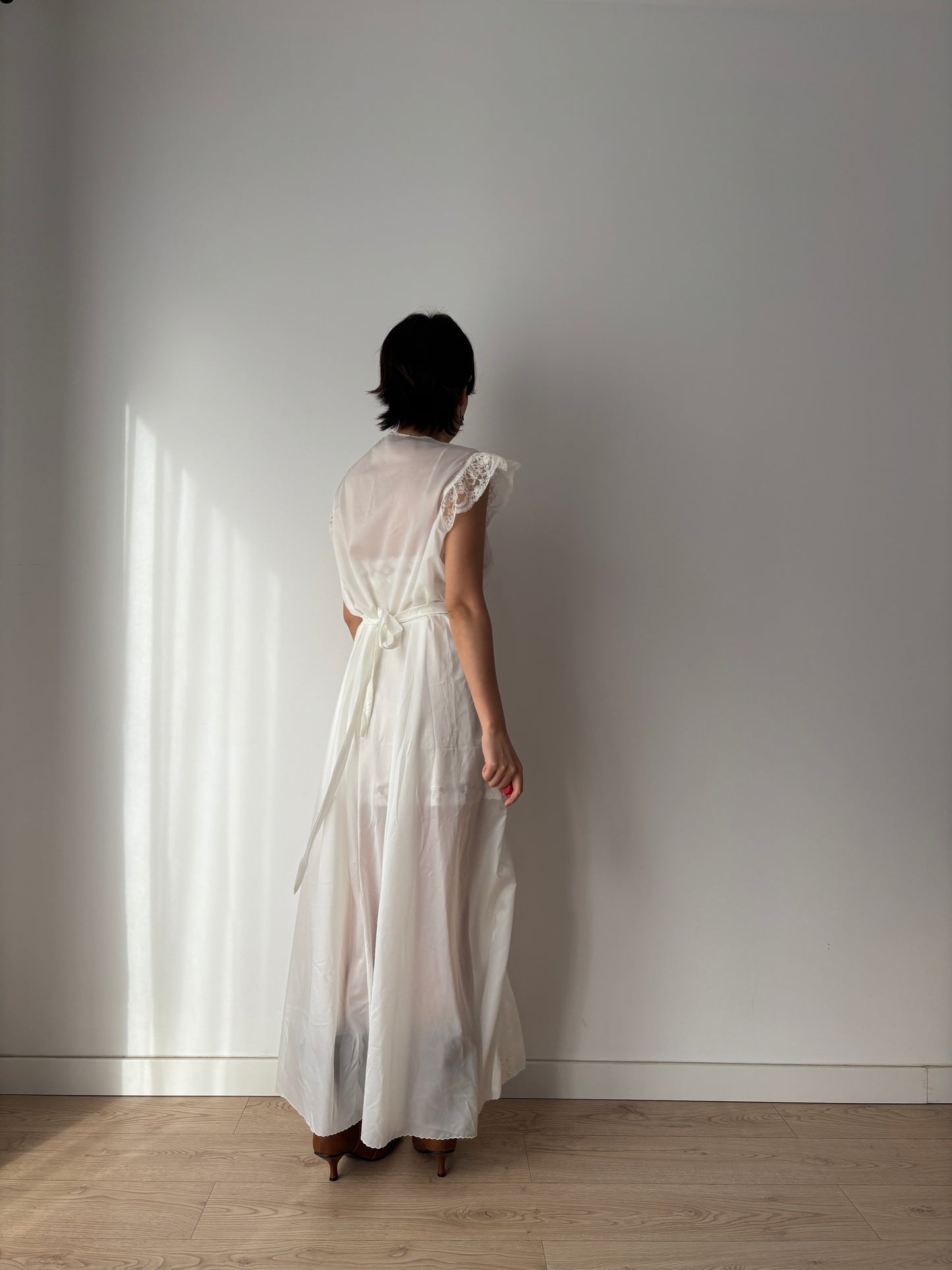 1960s Nylon Slip Dress in White: Blue Floral Appliqué & Bow Detail