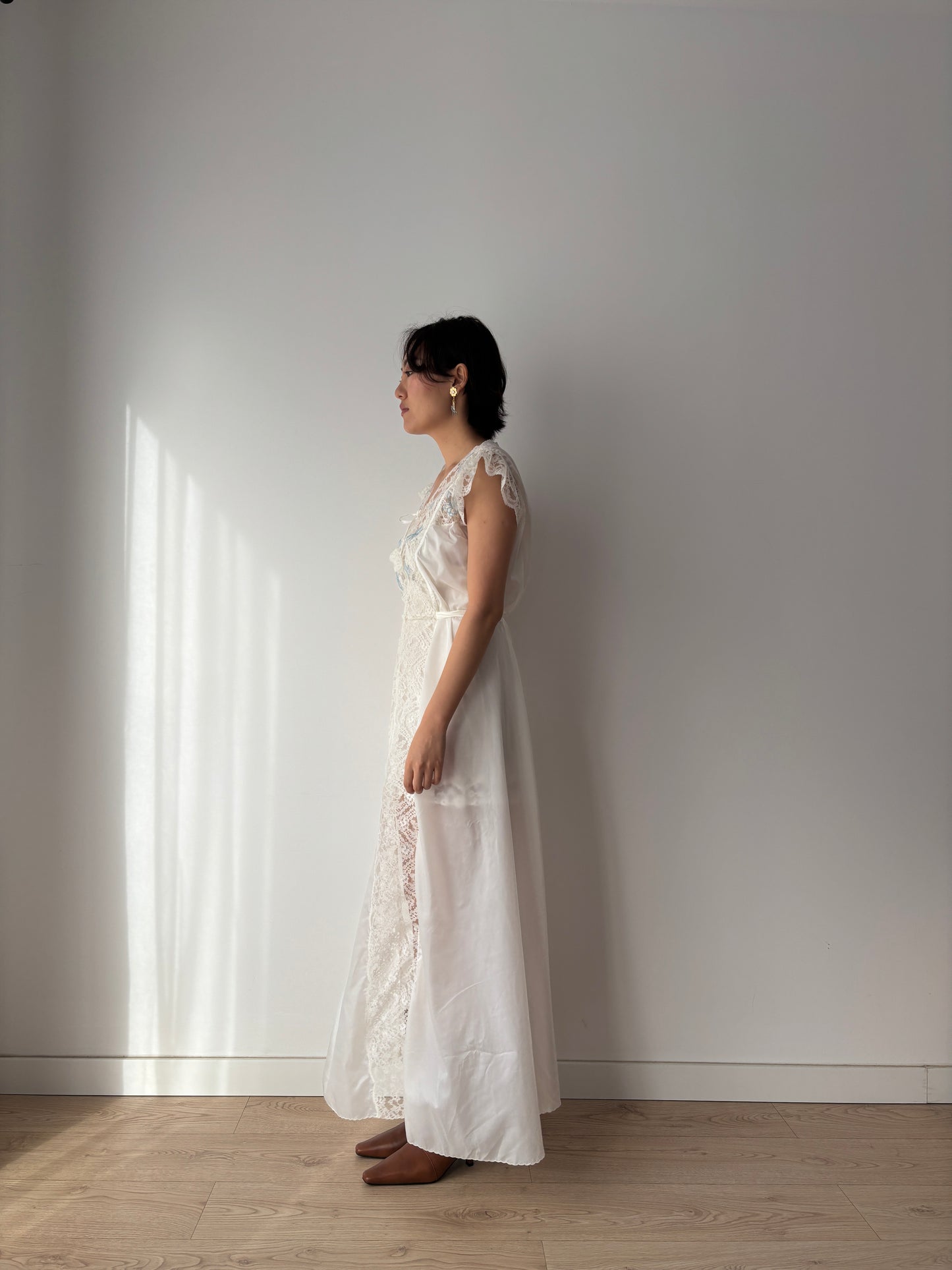 1960s Nylon Slip Dress in White: Blue Floral Appliqué & Bow Detail