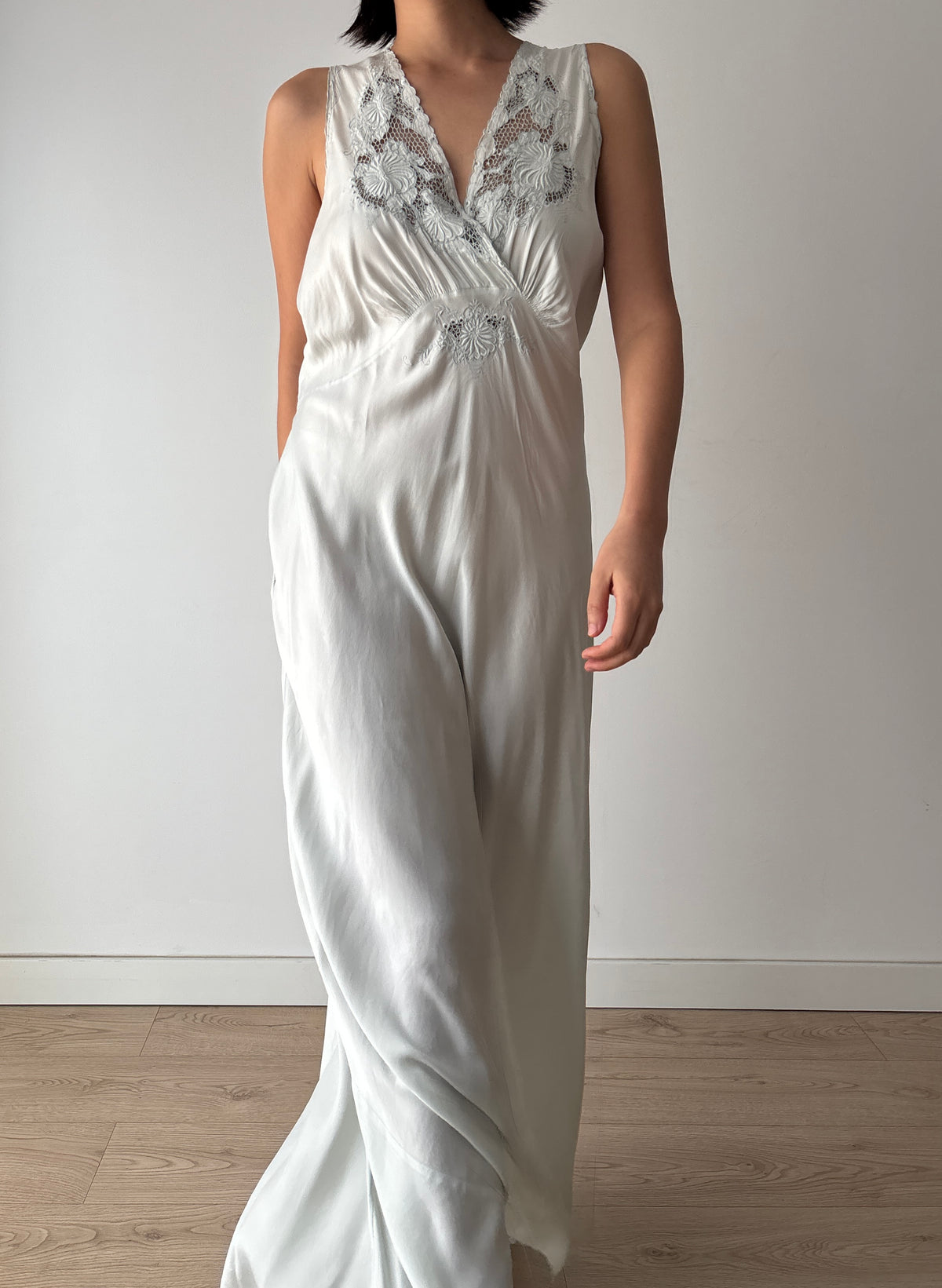 1940s Ice Blue Silk Nightgown, Floral Lace and Crossover V Neck, Vintage Bridal Maxi Dress