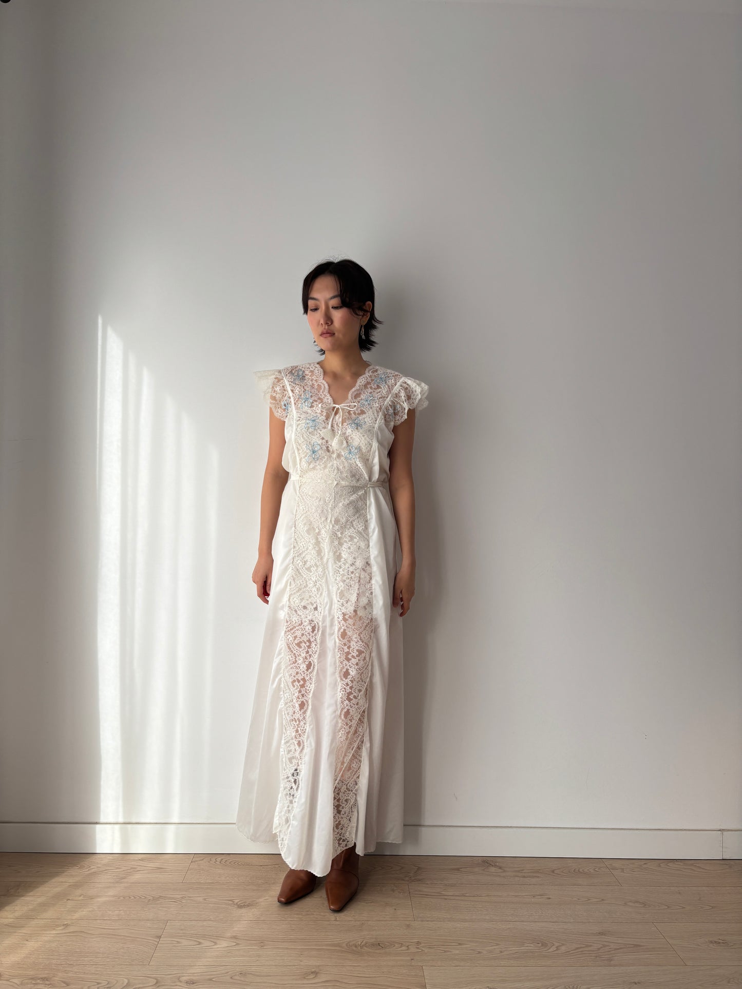 1960s Nylon Slip Dress in White: Blue Floral Appliqué & Bow Detail