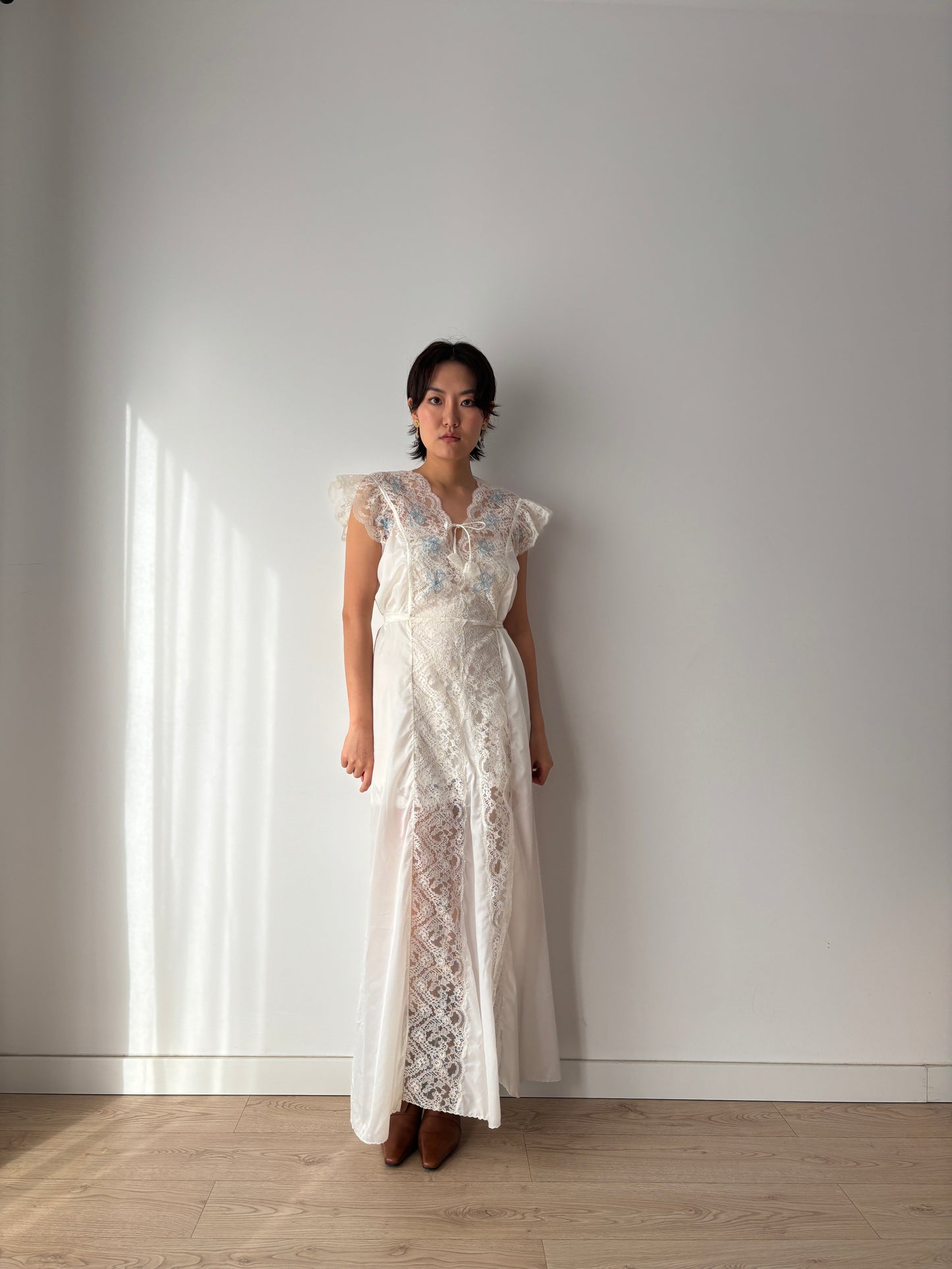 1960s Nylon Slip Dress in White: Blue Floral Appliqué & Bow Detail