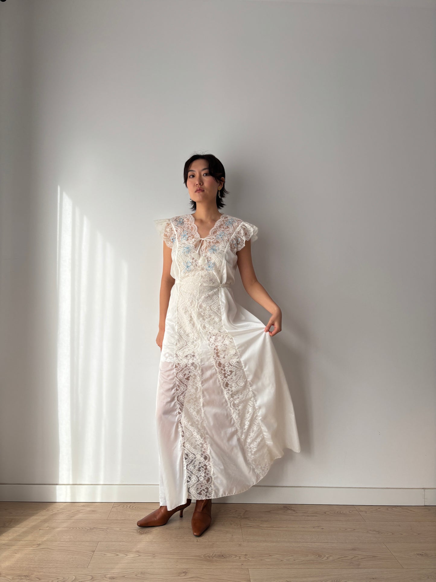 1960s Nylon Slip Dress in White: Blue Floral Appliqué & Bow Detail