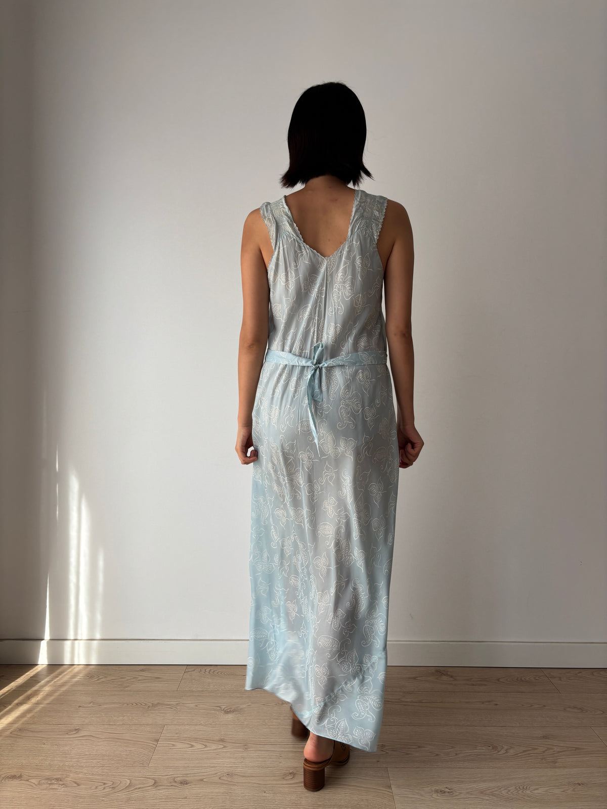 Vintage Blue Paisley Nightgown, Shirred Waist and Gathered Straps, Tie Back Maxi Dress, circa 1940s