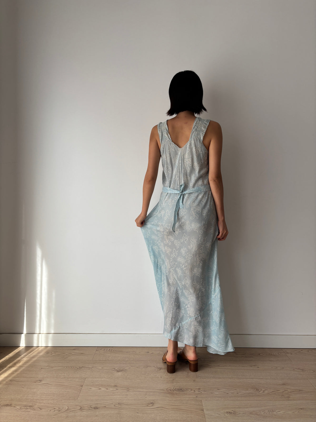 Vintage Blue Paisley Nightgown, Shirred Waist and Gathered Straps, Tie Back Maxi Dress, circa 1940s