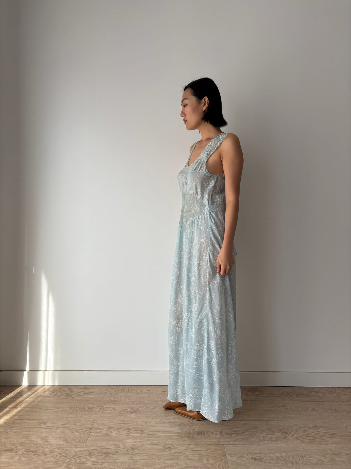 Vintage Blue Paisley Nightgown, Shirred Waist and Gathered Straps, Tie Back Maxi Dress, circa 1940s