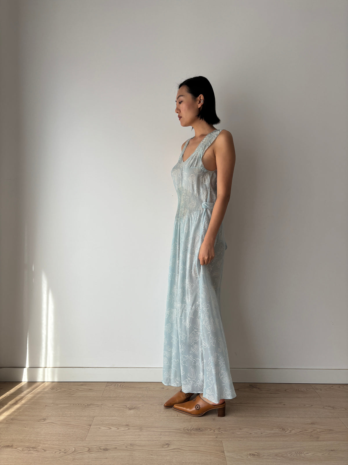 Vintage Blue Paisley Nightgown, Shirred Waist and Gathered Straps, Tie Back Maxi Dress, circa 1940s