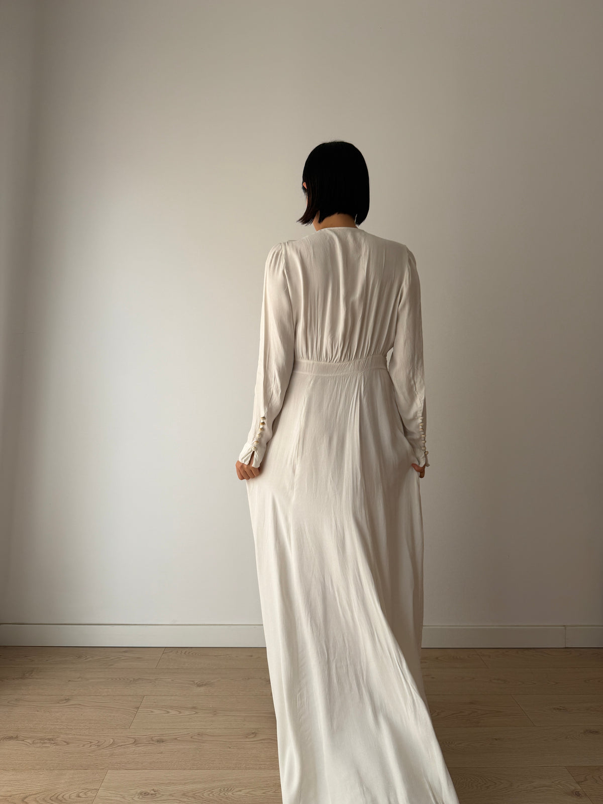 1940s Pure Silk Bridal Gown | White Beaded Embroidered Long Sleeve Wedding Dress with Train