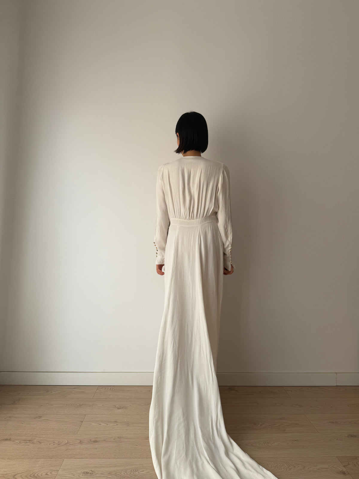 1940s Pure Silk Bridal Gown | White Beaded Embroidered Long Sleeve Wedding Dress with Train