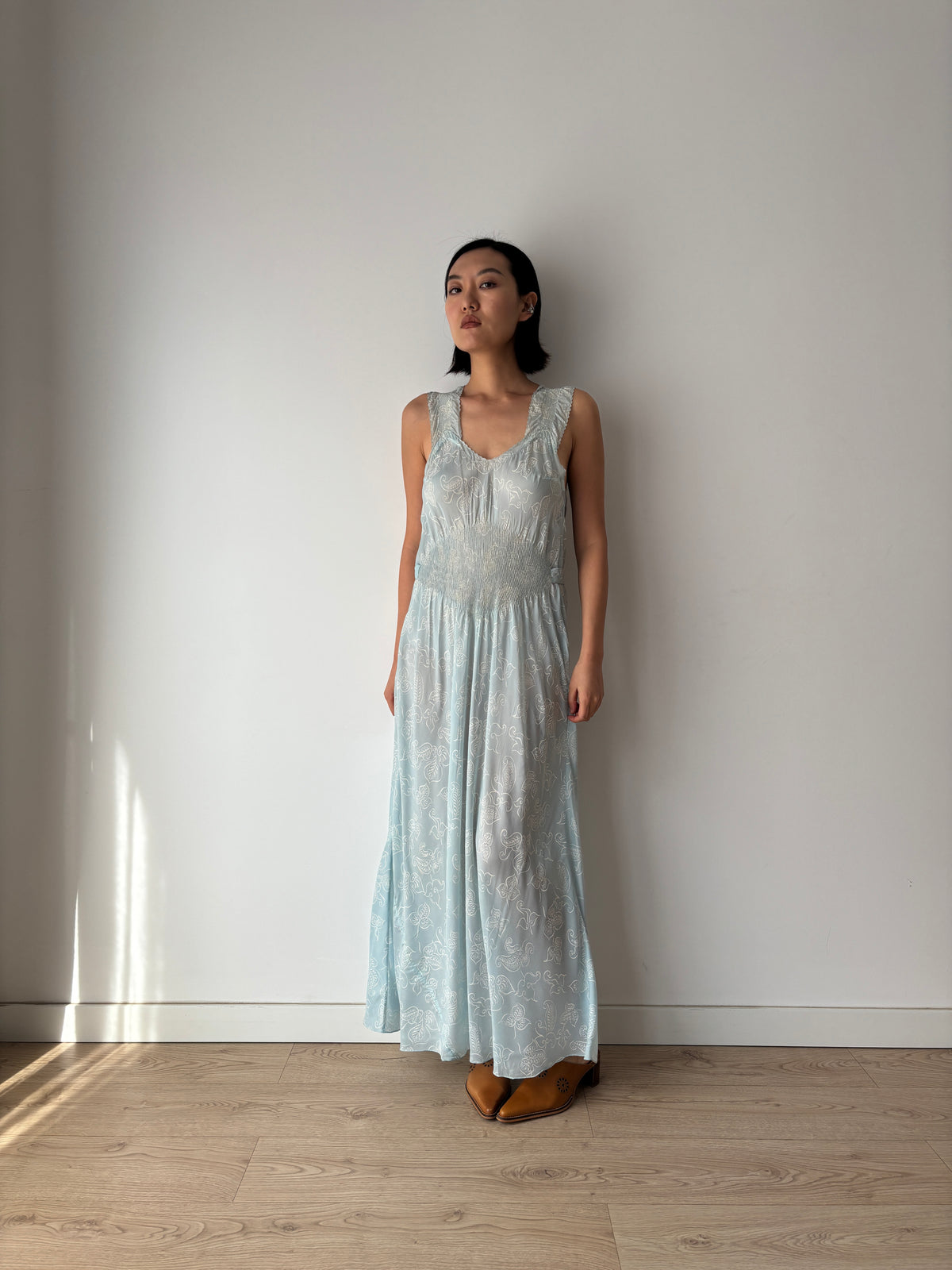 Vintage Blue Paisley Nightgown, Shirred Waist and Gathered Straps, Tie Back Maxi Dress, circa 1940s