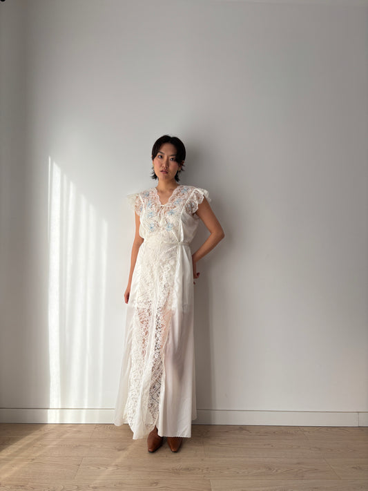 1960s Nylon Slip Dress in White: Blue Floral Appliqué & Bow Detail