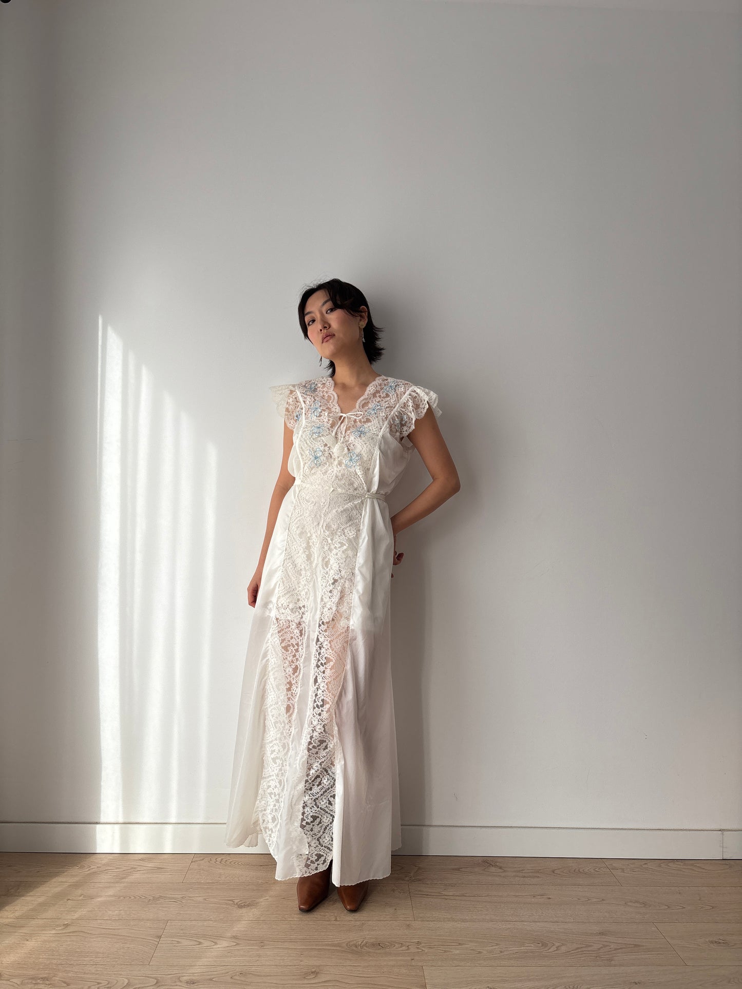 1960s Nylon Slip Dress in White: Blue Floral Appliqué & Bow Detail