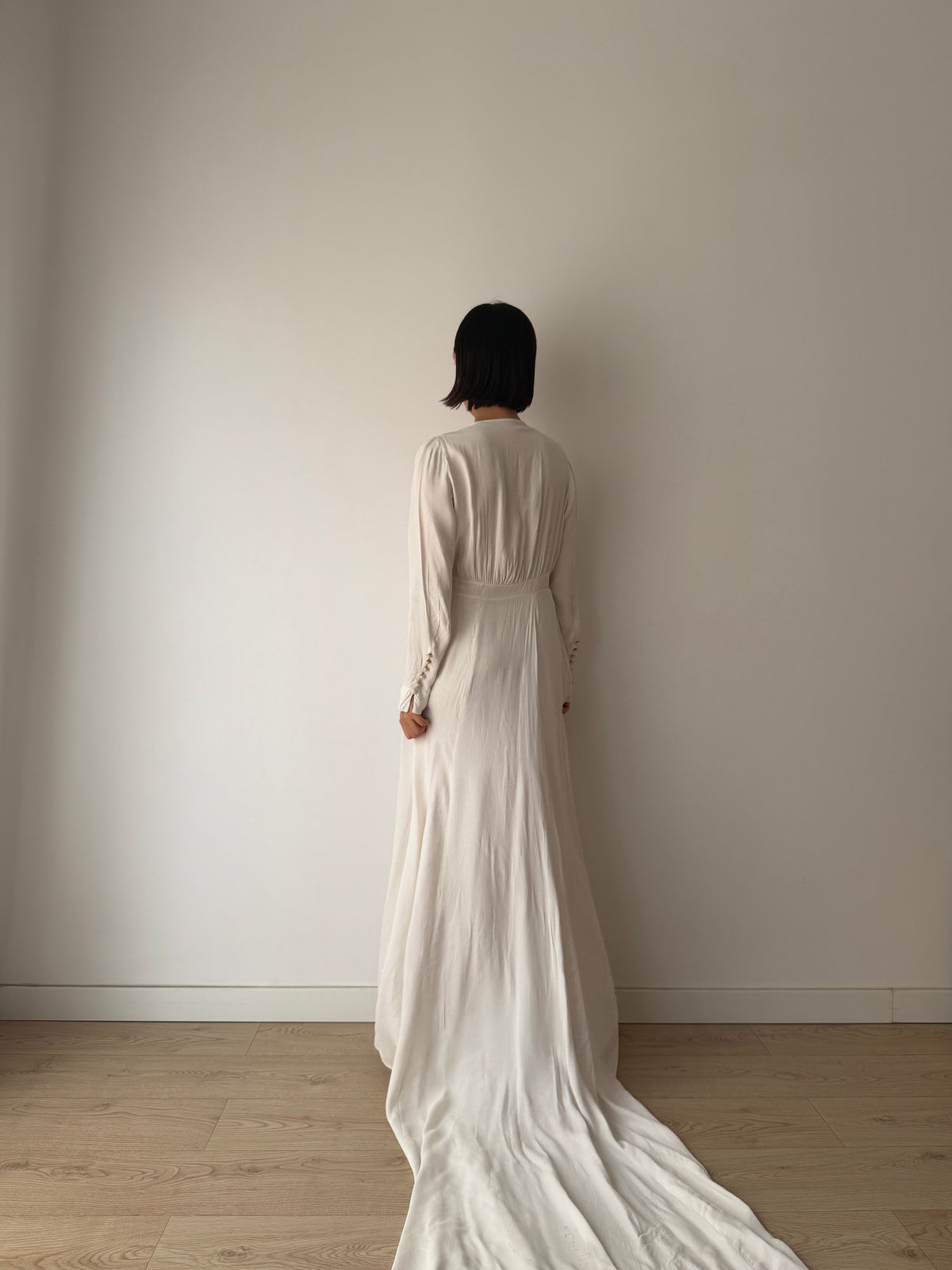 1940s Pure Silk Bridal Gown | White Beaded Embroidered Long Sleeve Wedding Dress with Train