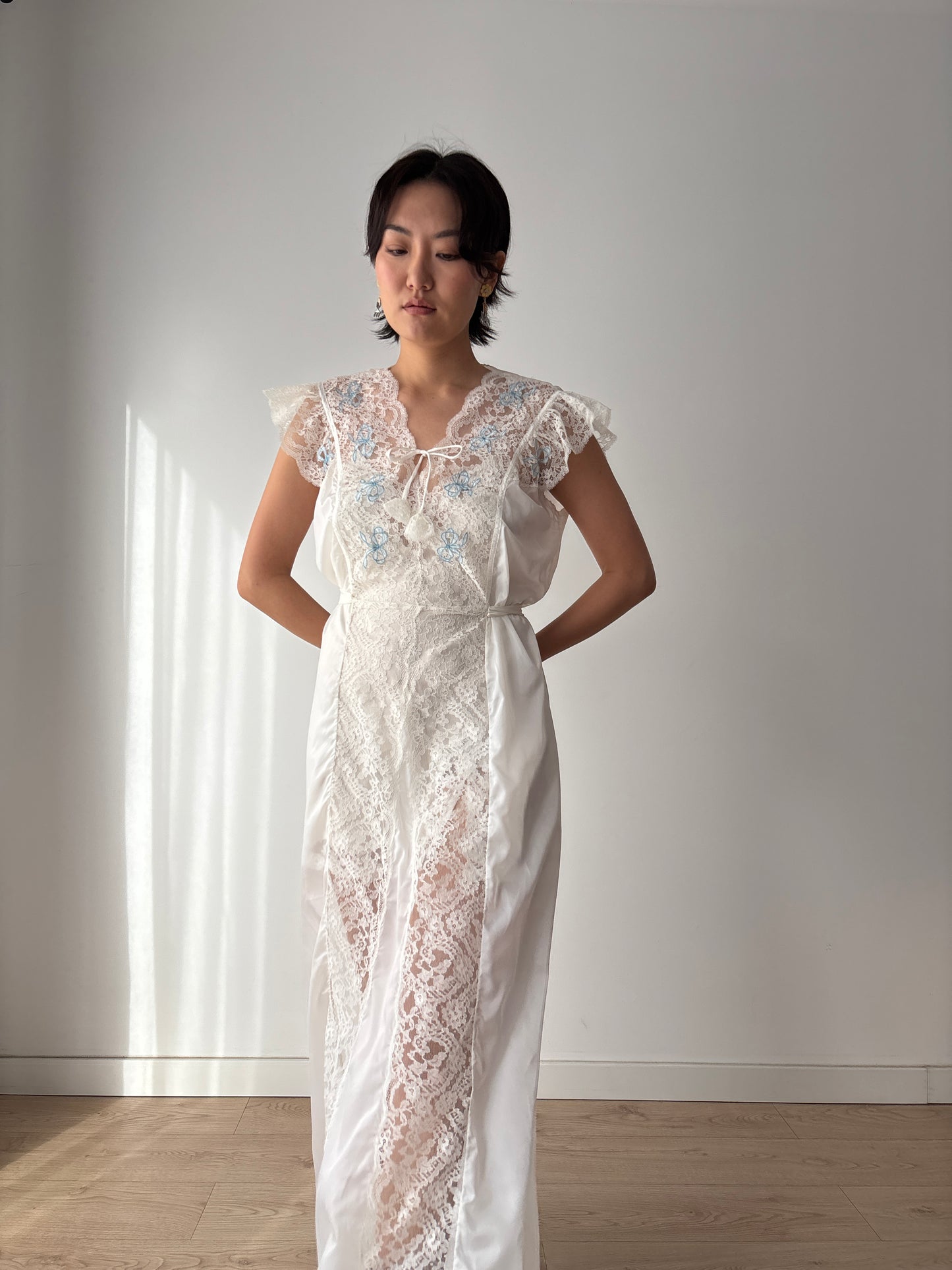 1960s Nylon Slip Dress in White: Blue Floral Appliqué & Bow Detail