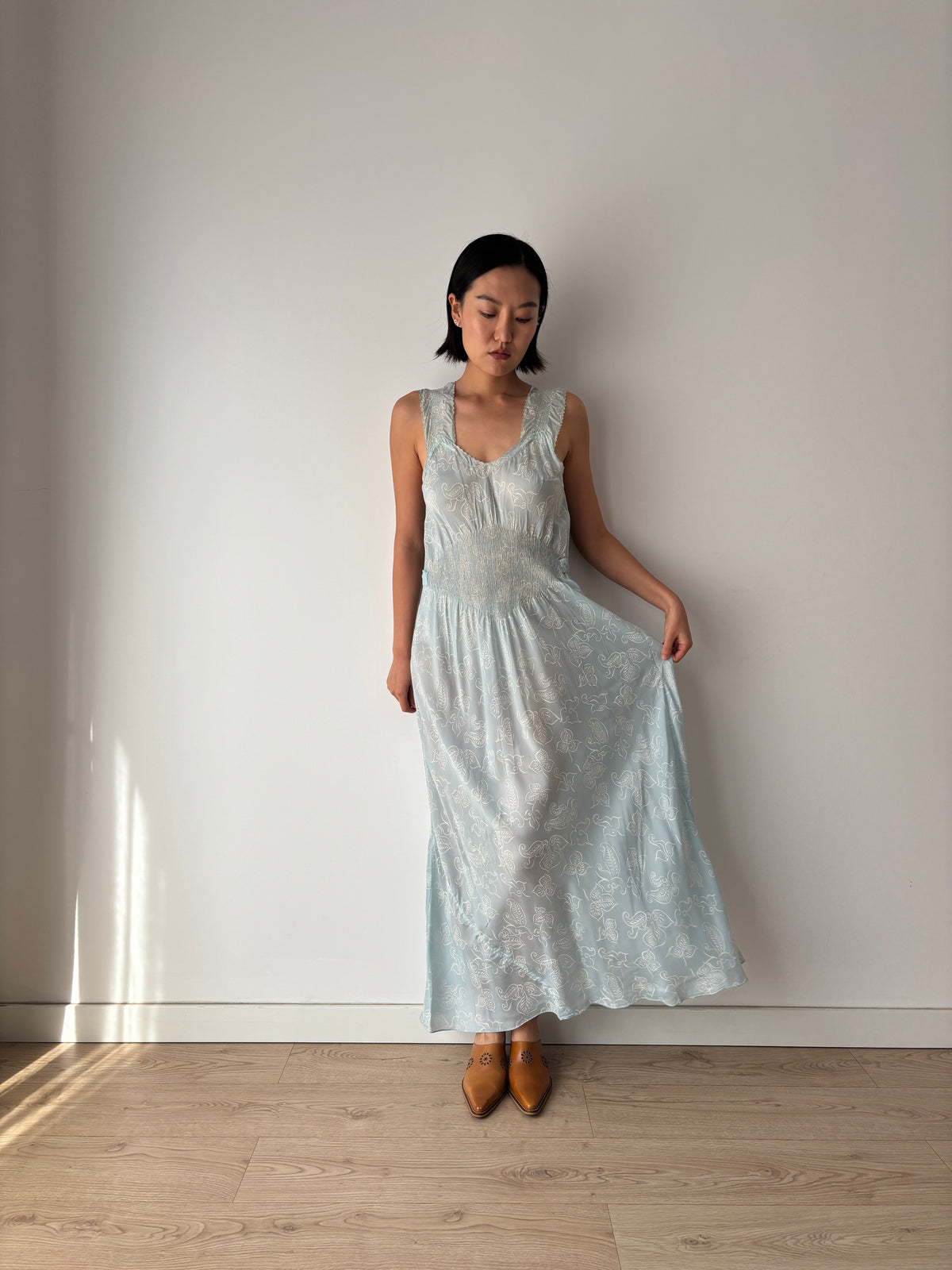 Vintage Blue Paisley Nightgown, Shirred Waist and Gathered Straps, Tie Back Maxi Dress, circa 1940s