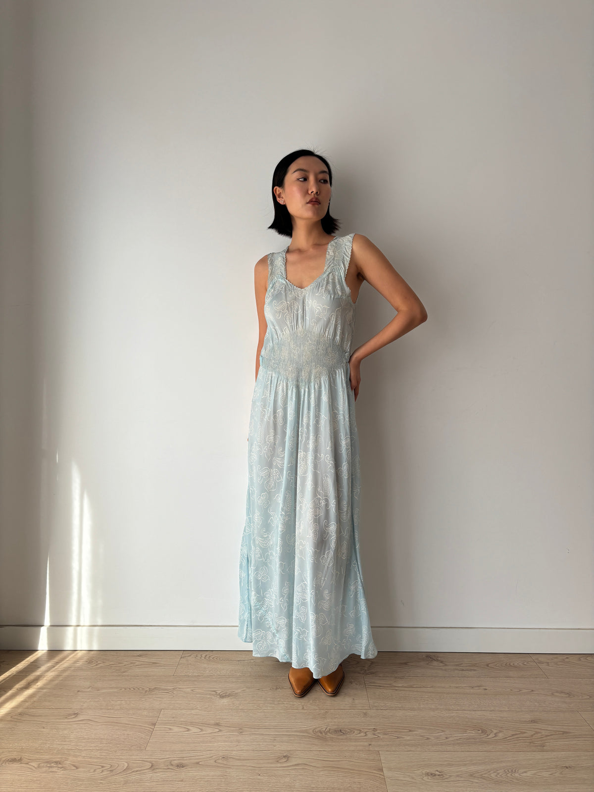 Vintage Blue Paisley Nightgown, Shirred Waist and Gathered Straps, Tie Back Maxi Dress, circa 1940s