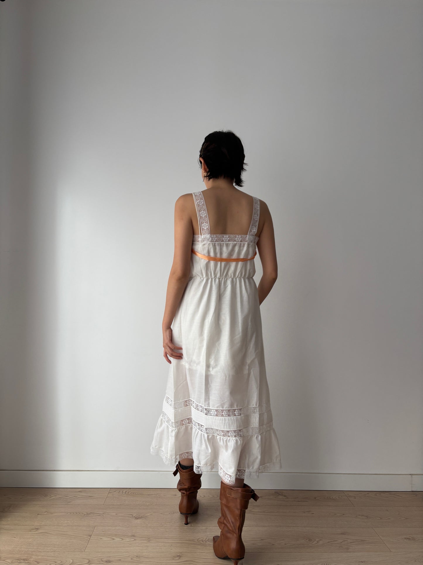 Edwardian Romantic Style White Cotton Lace Nightdress With Orange Ribbon Detail