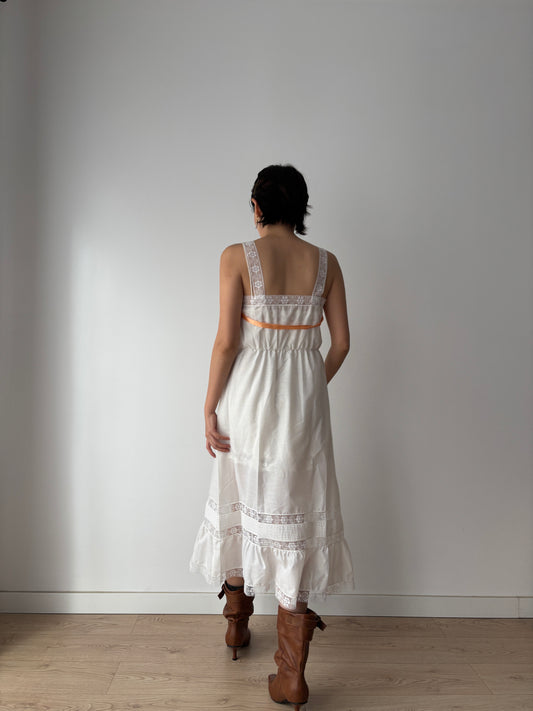 Edwardian Romantic Style White Cotton Lace Nightdress With Orange Ribbon Detail