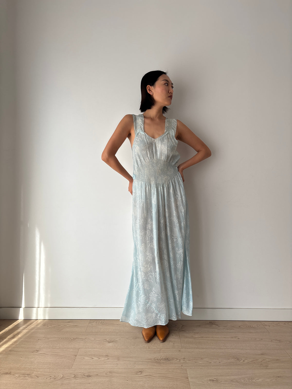 Vintage Blue Paisley Nightgown, Shirred Waist and Gathered Straps, Tie Back Maxi Dress, circa 1940s
