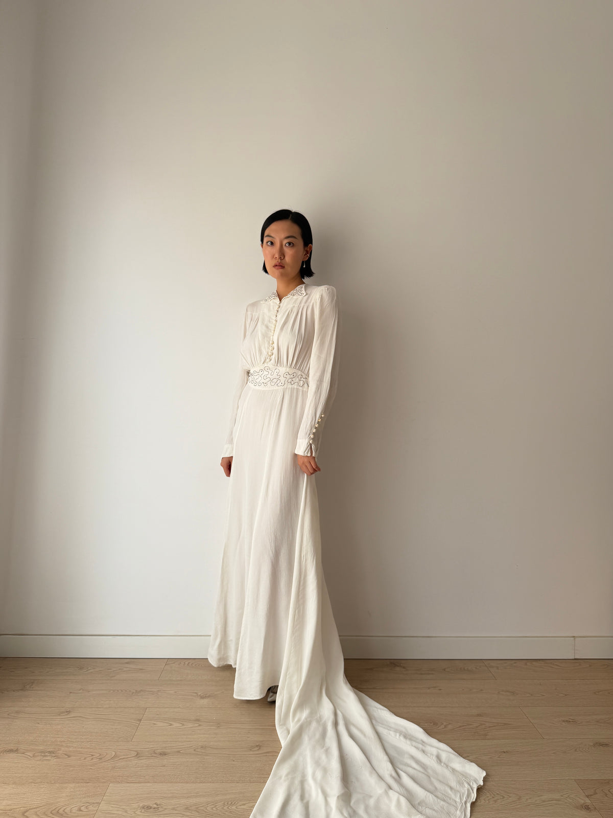 1940s Pure Silk Bridal Gown | White Beaded Embroidered Long Sleeve Wedding Dress with Train