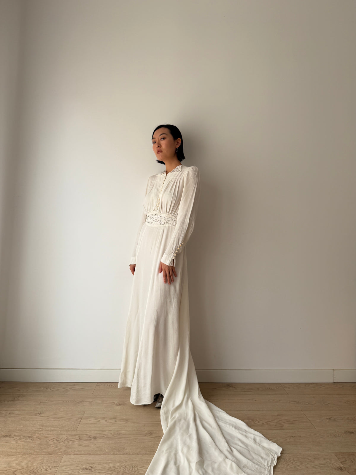 1940s Pure Silk Bridal Gown | White Beaded Embroidered Long Sleeve Wedding Dress with Train