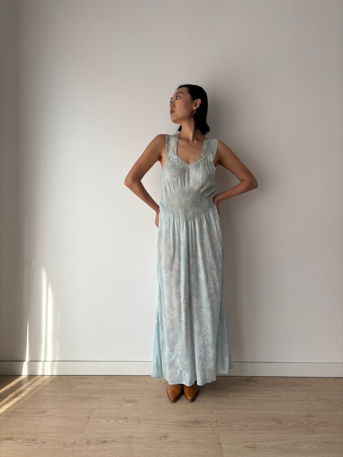 Vintage Blue Paisley Nightgown, Shirred Waist and Gathered Straps, Tie Back Maxi Dress, circa 1940s
