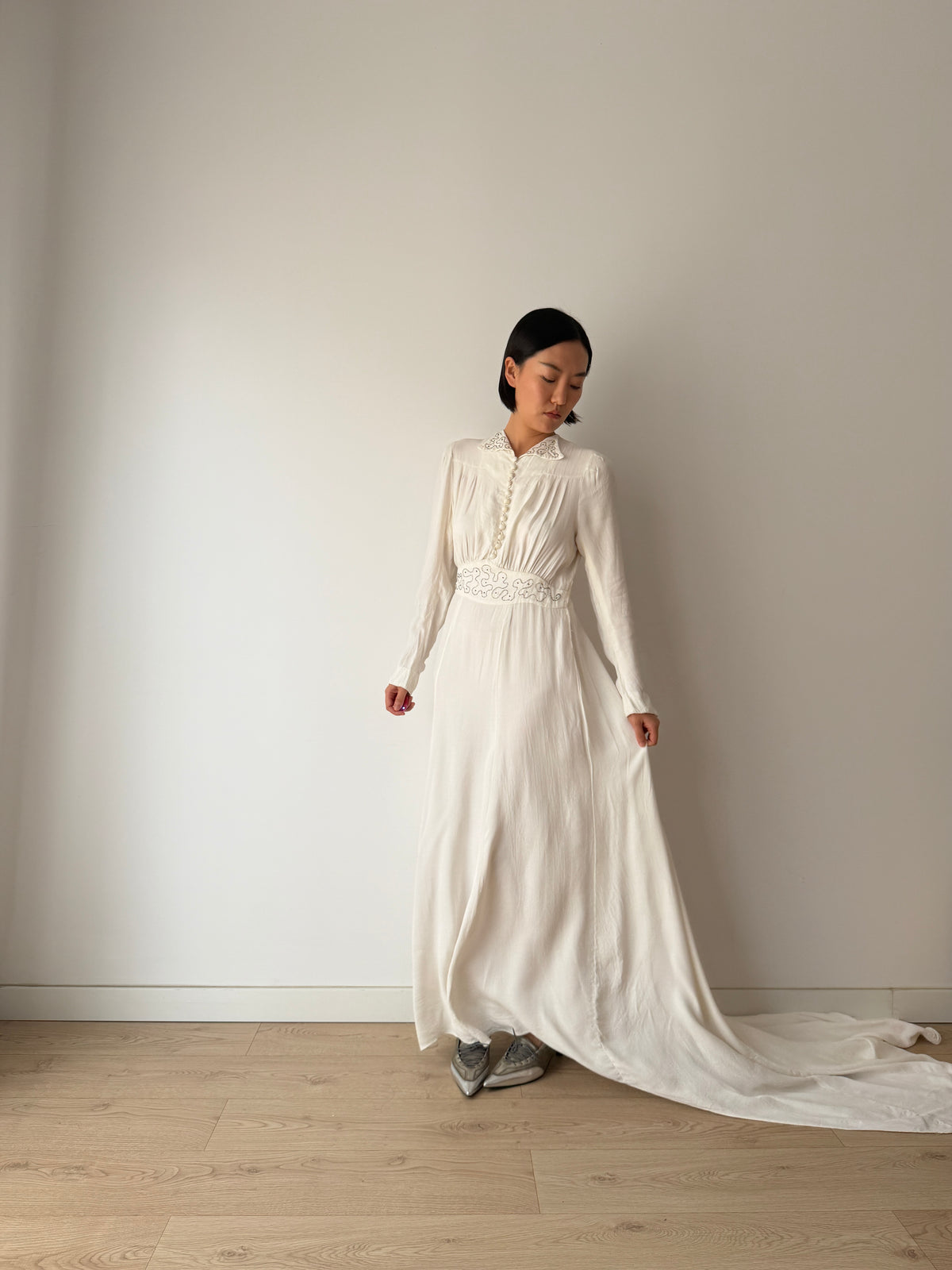 1940s Pure Silk Bridal Gown | White Beaded Embroidered Long Sleeve Wedding Dress with Train