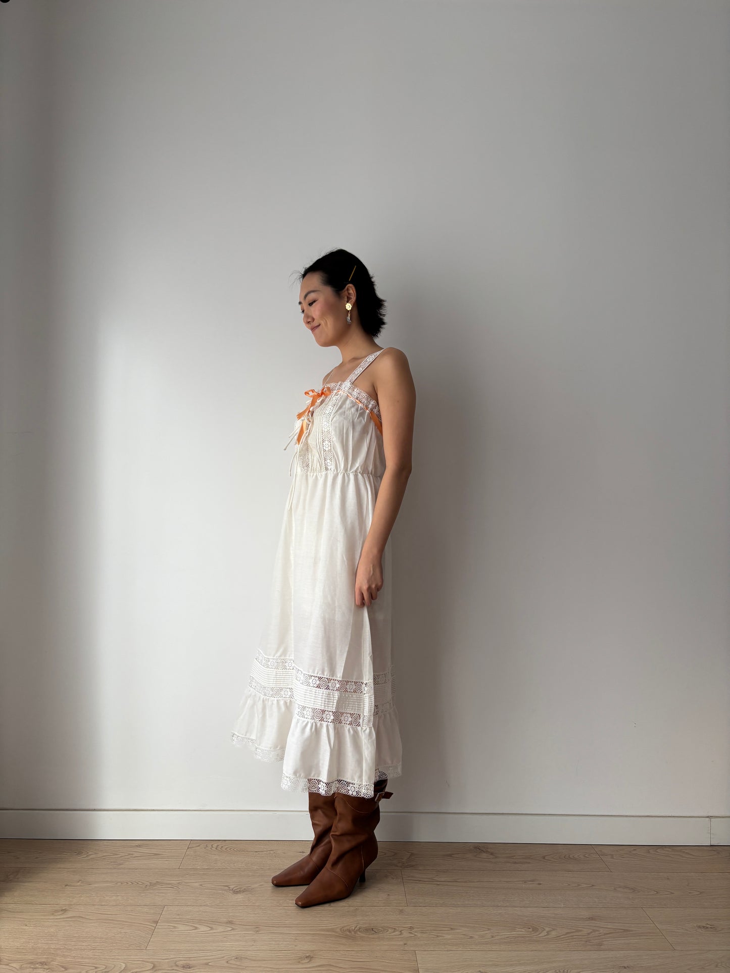 Edwardian Romantic Style White Cotton Lace Nightdress With Orange Ribbon Detail