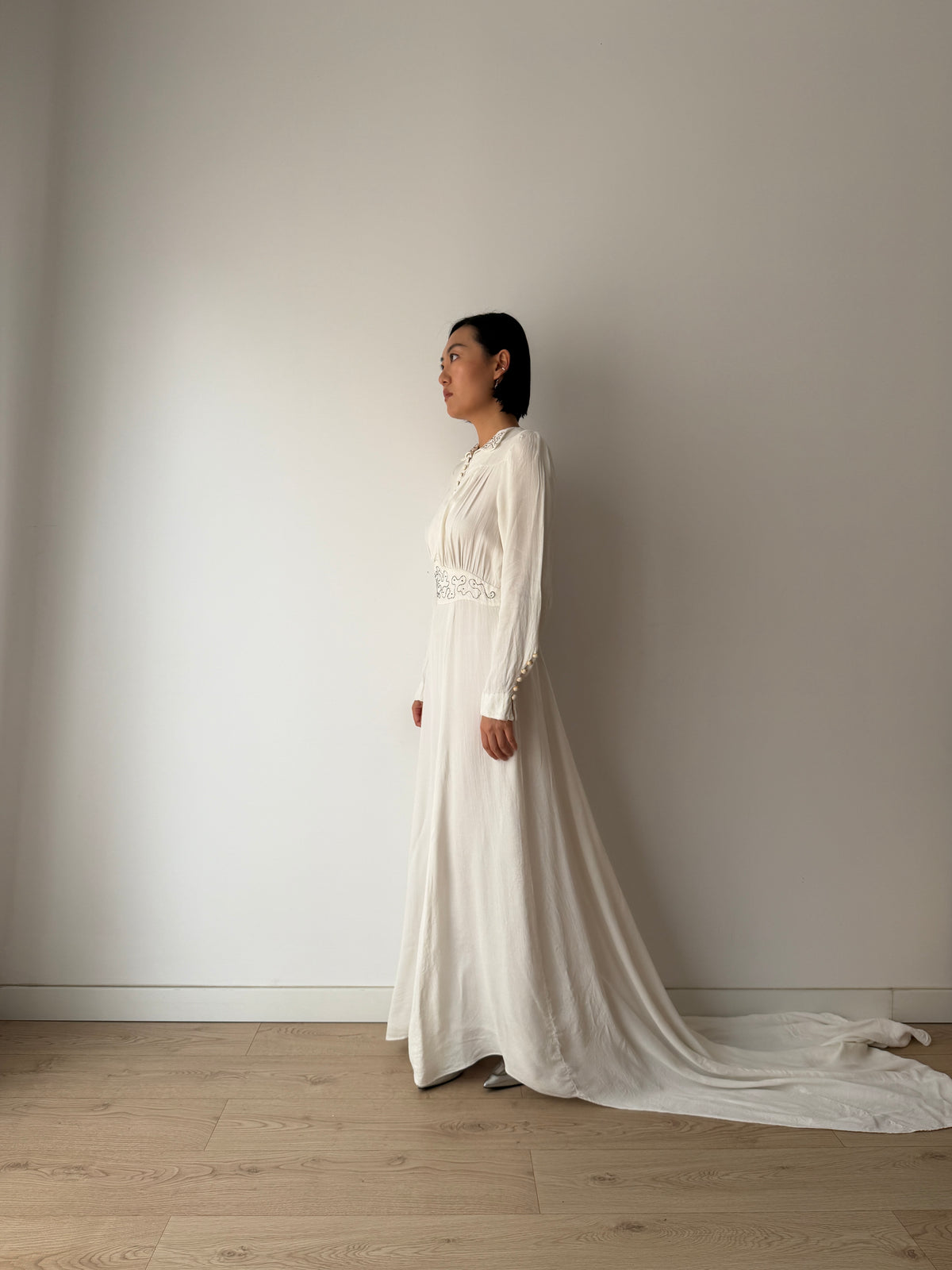 1940s Pure Silk Bridal Gown | White Beaded Embroidered Long Sleeve Wedding Dress with Train