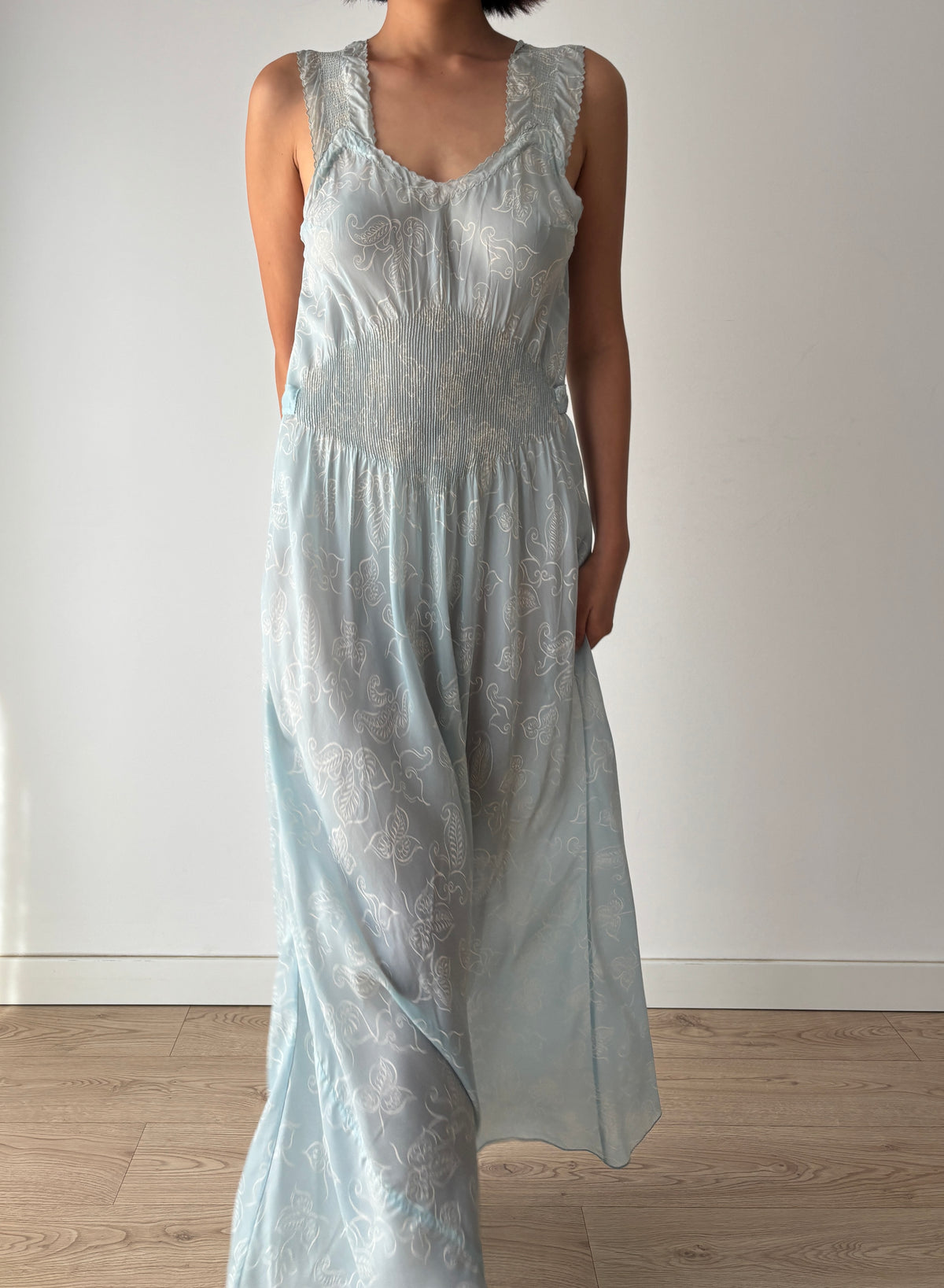 Vintage Blue Paisley Nightgown, Shirred Waist and Gathered Straps, Tie Back Maxi Dress, circa 1940s