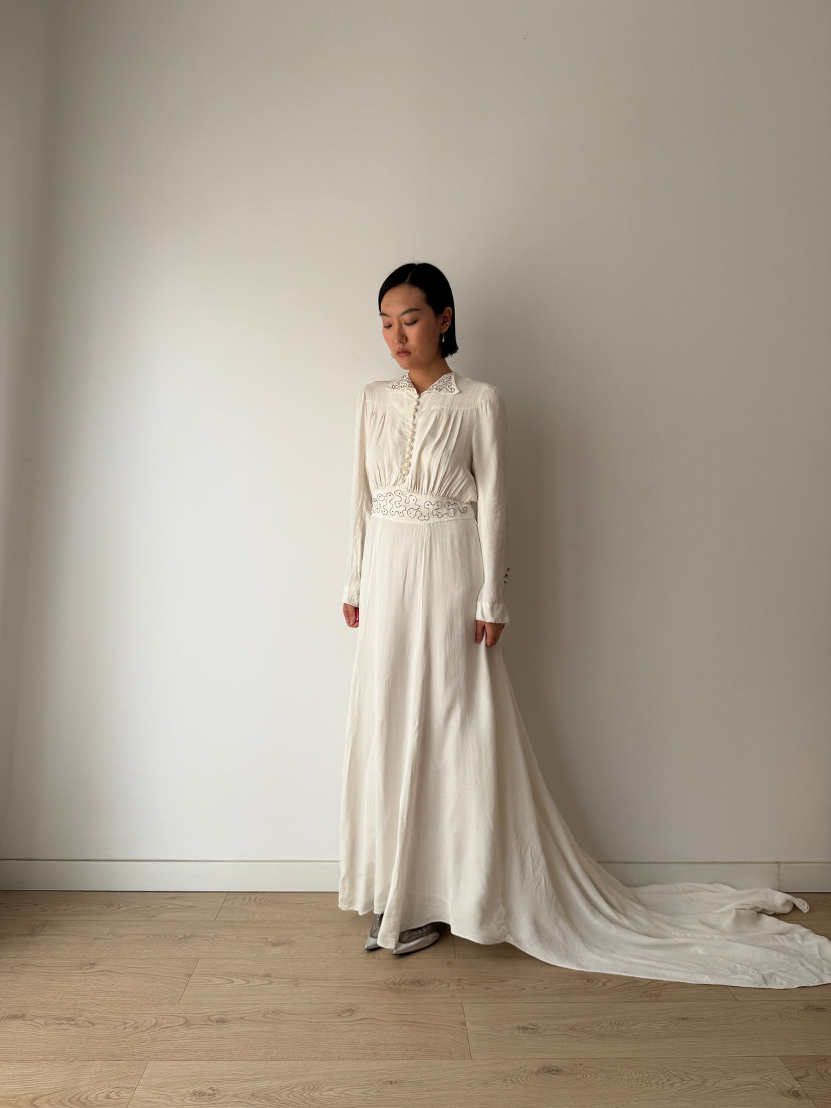 1940s Pure Silk Bridal Gown | White Beaded Embroidered Long Sleeve Wedding Dress with Train