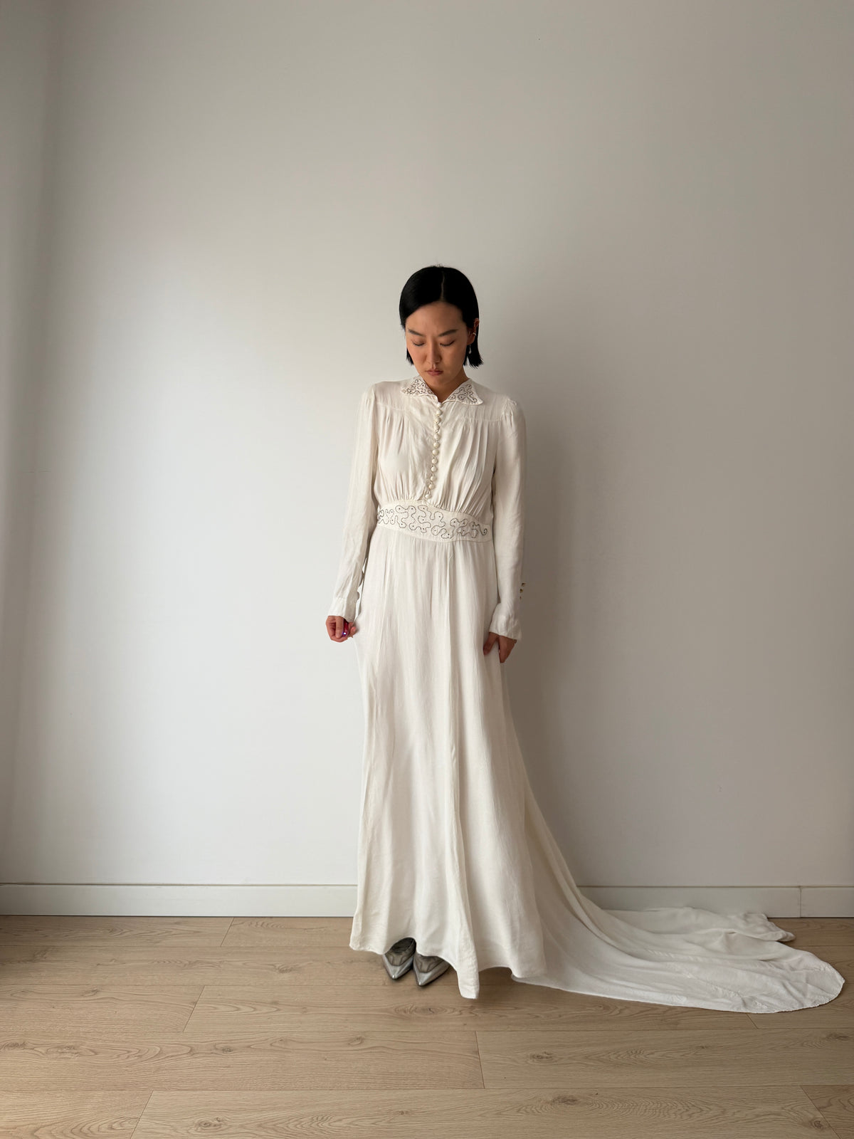 1940s Pure Silk Bridal Gown | White Beaded Embroidered Long Sleeve Wedding Dress with Train