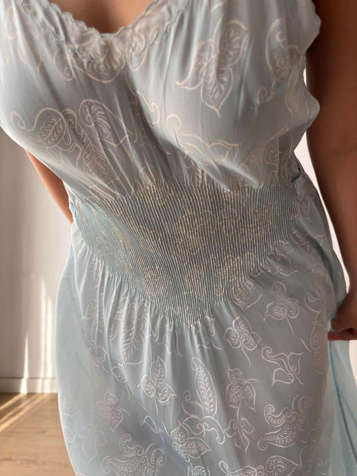 Vintage Blue Paisley Nightgown, Shirred Waist and Gathered Straps, Tie Back Maxi Dress, circa 1940s