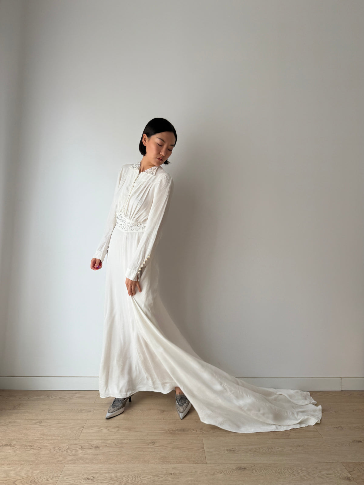 1940s Pure Silk Bridal Gown | White Beaded Embroidered Long Sleeve Wedding Dress with Train