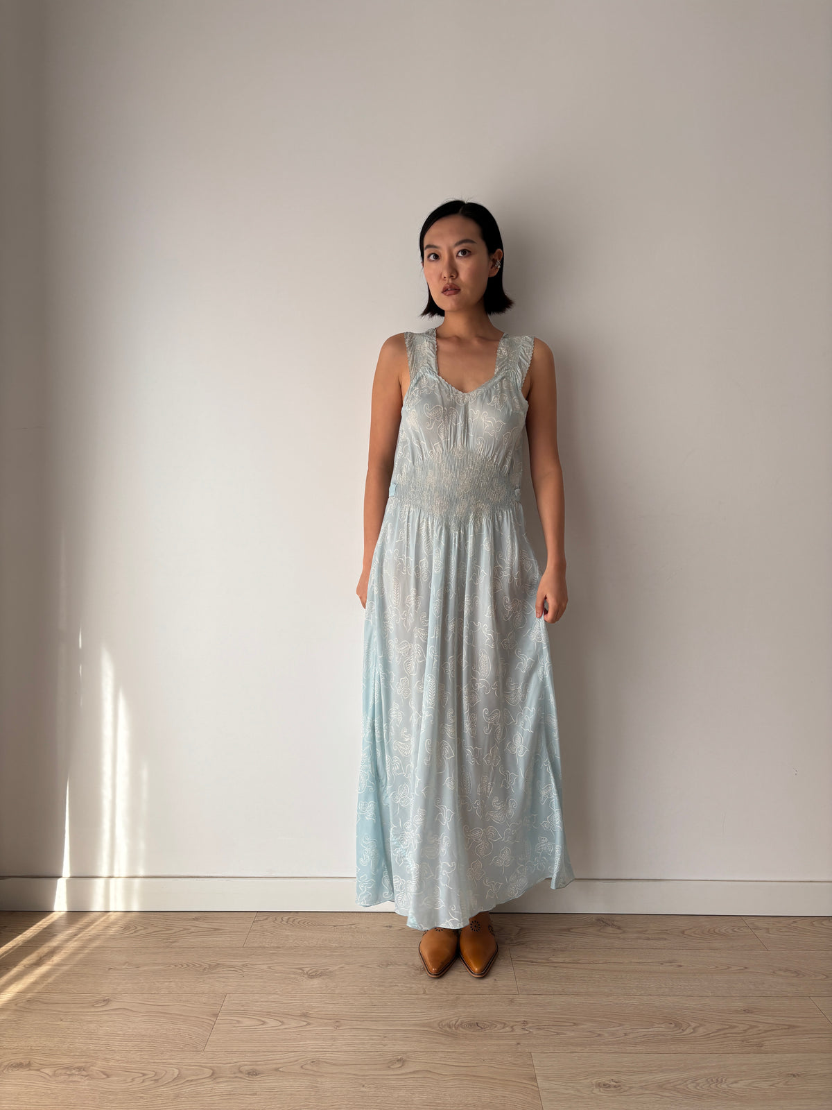 Vintage Blue Paisley Nightgown, Shirred Waist and Gathered Straps, Tie Back Maxi Dress, circa 1940s