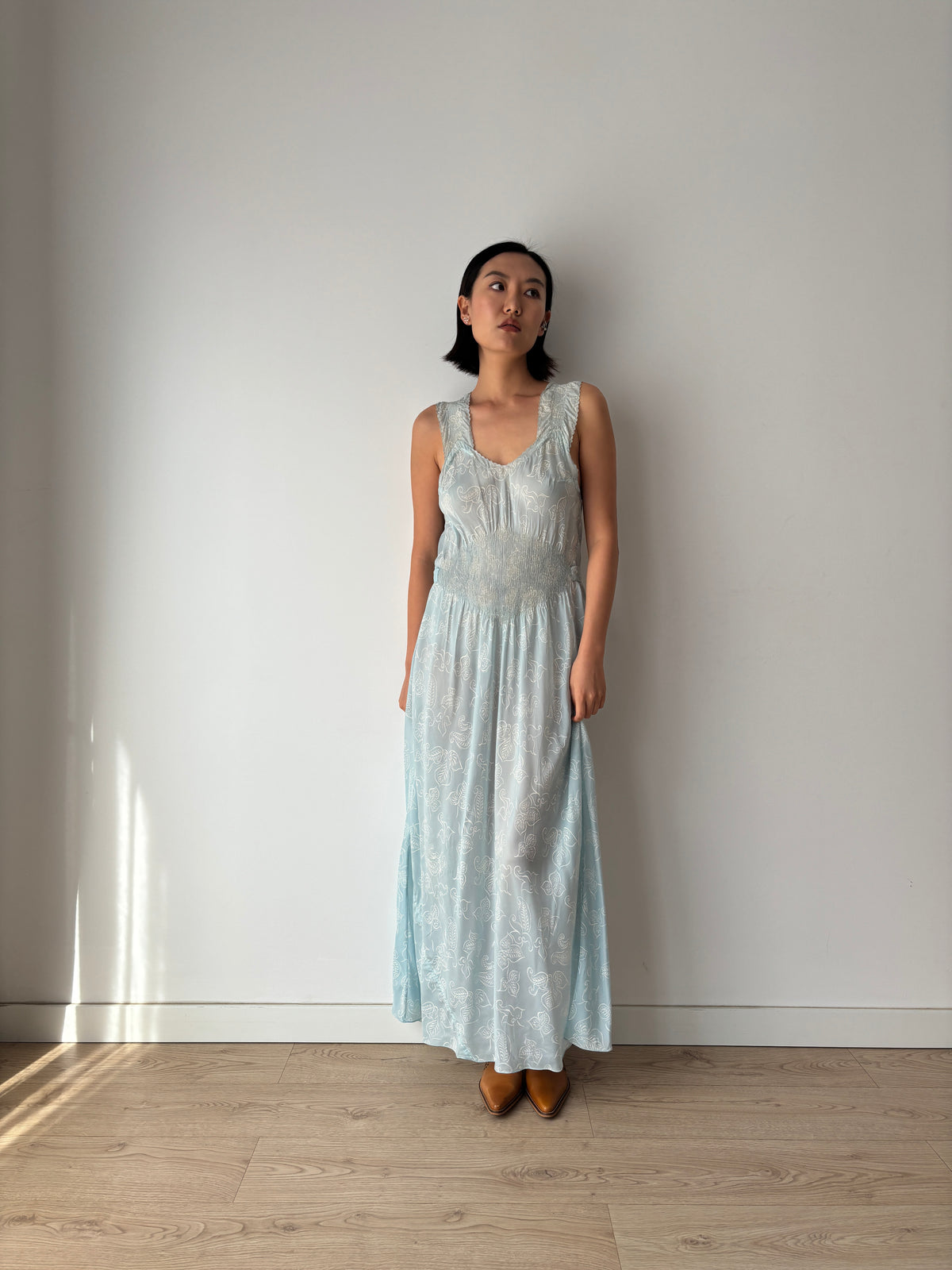 Vintage Blue Paisley Nightgown, Shirred Waist and Gathered Straps, Tie Back Maxi Dress, circa 1940s
