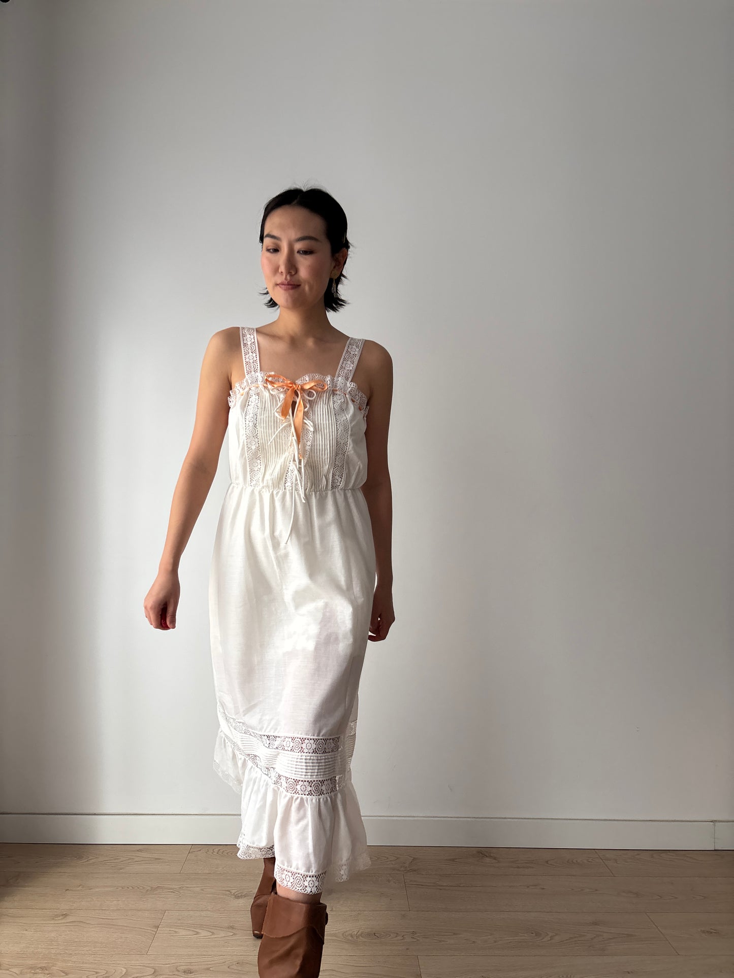 Edwardian Romantic Style White Cotton Lace Nightdress With Orange Ribbon Detail