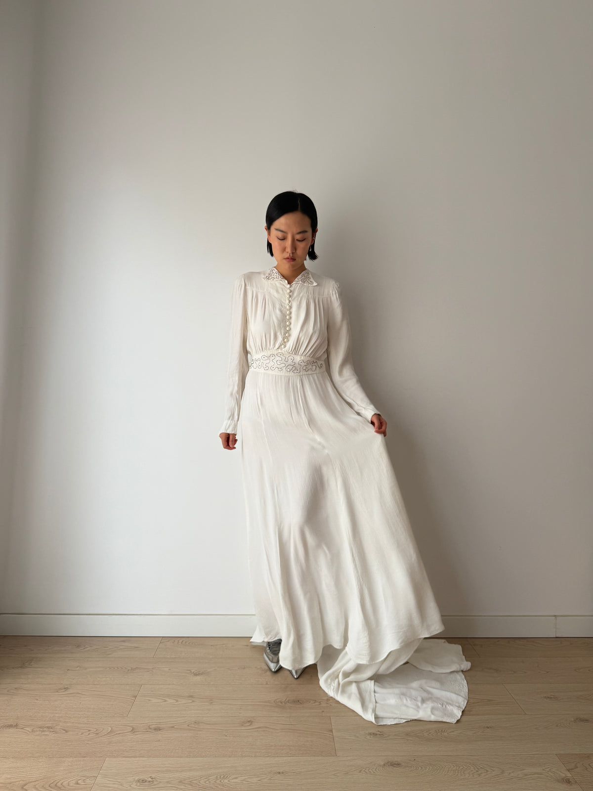 1940s Pure Silk Bridal Gown | White Beaded Embroidered Long Sleeve Wedding Dress with Train