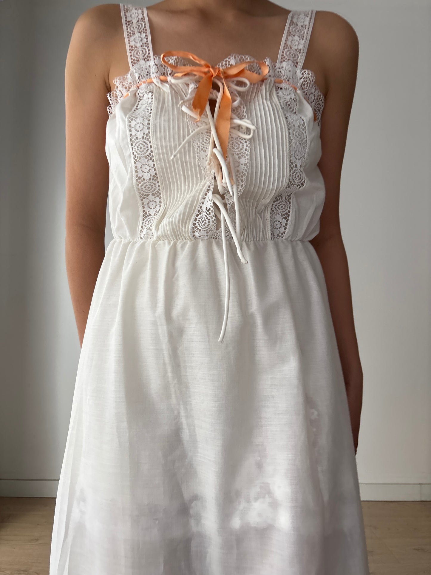 Edwardian Romantic Style White Cotton Lace Nightdress With Orange Ribbon Detail