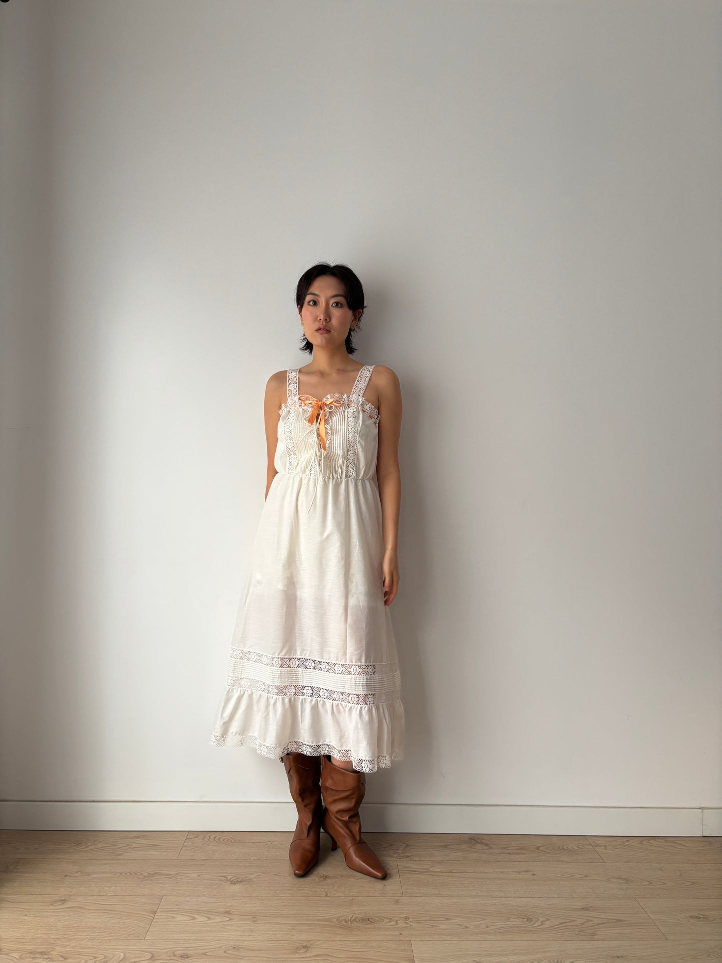 Edwardian Romantic Style White Cotton Lace Nightdress With Orange Ribbon Detail