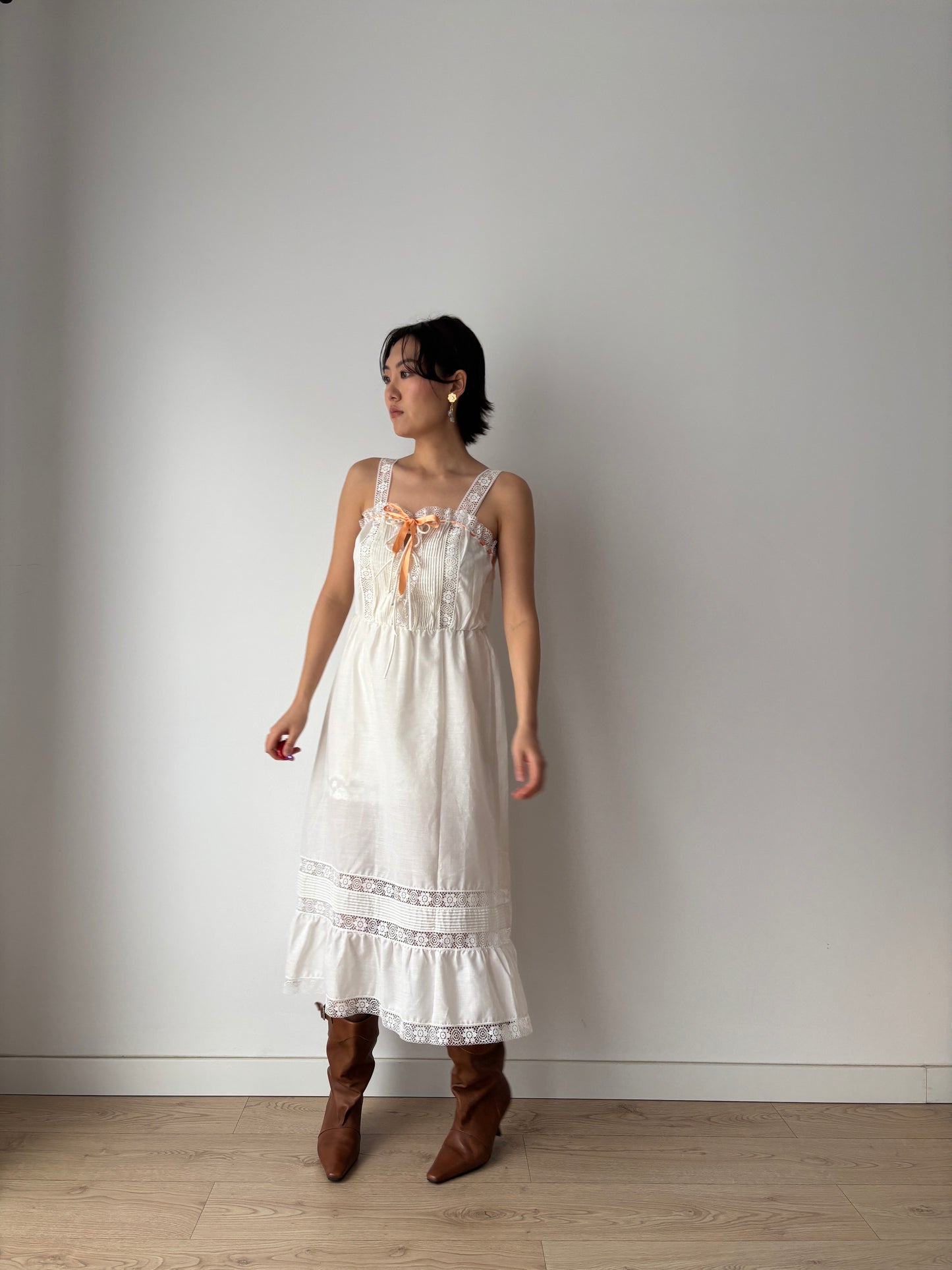 Edwardian Romantic Style White Cotton Lace Nightdress With Orange Ribbon Detail