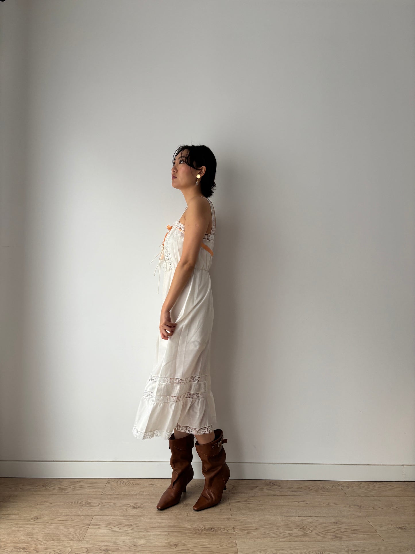 Edwardian Romantic Style White Cotton Lace Nightdress With Orange Ribbon Detail