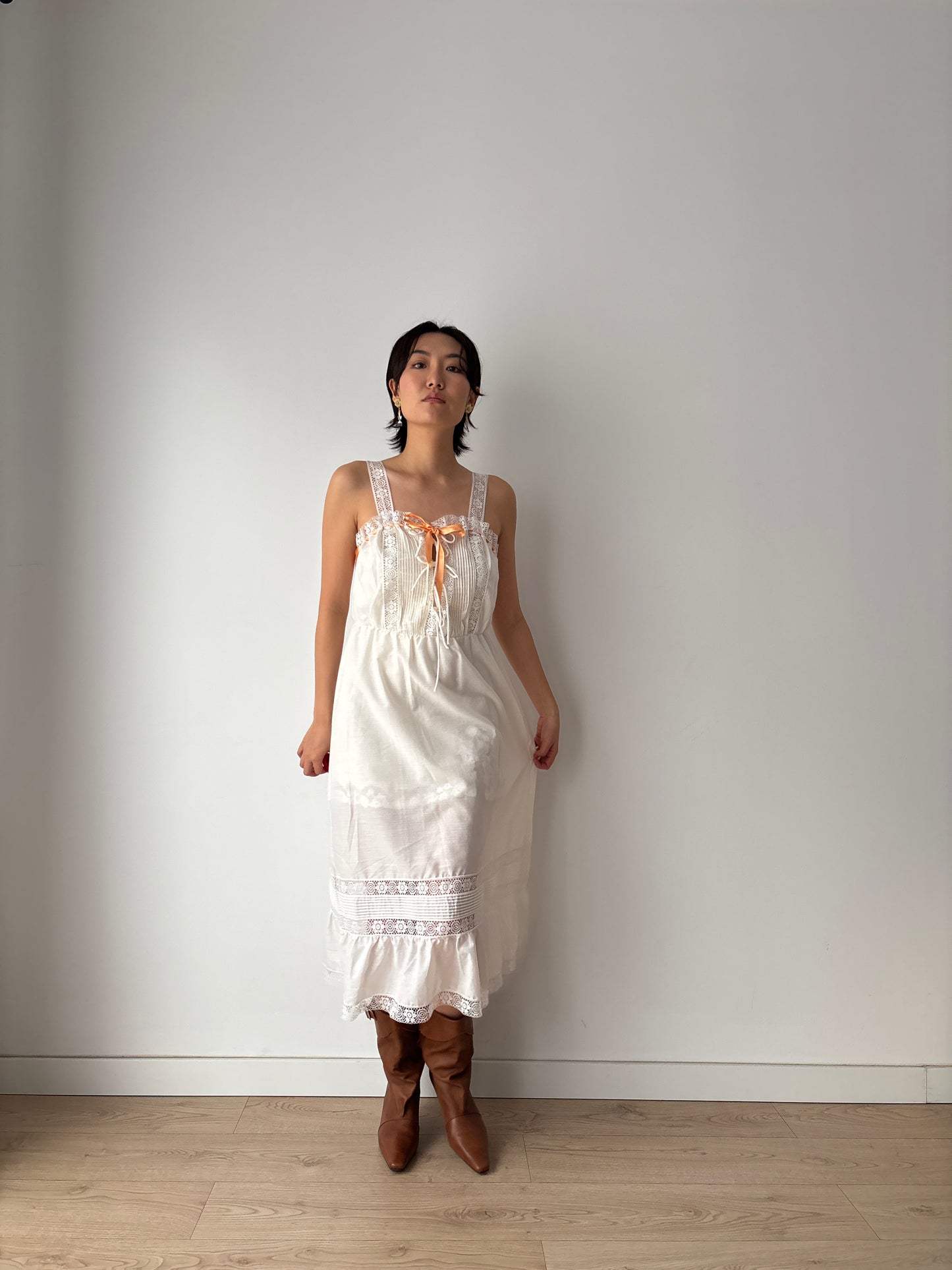 Edwardian Romantic Style White Cotton Lace Nightdress With Orange Ribbon Detail