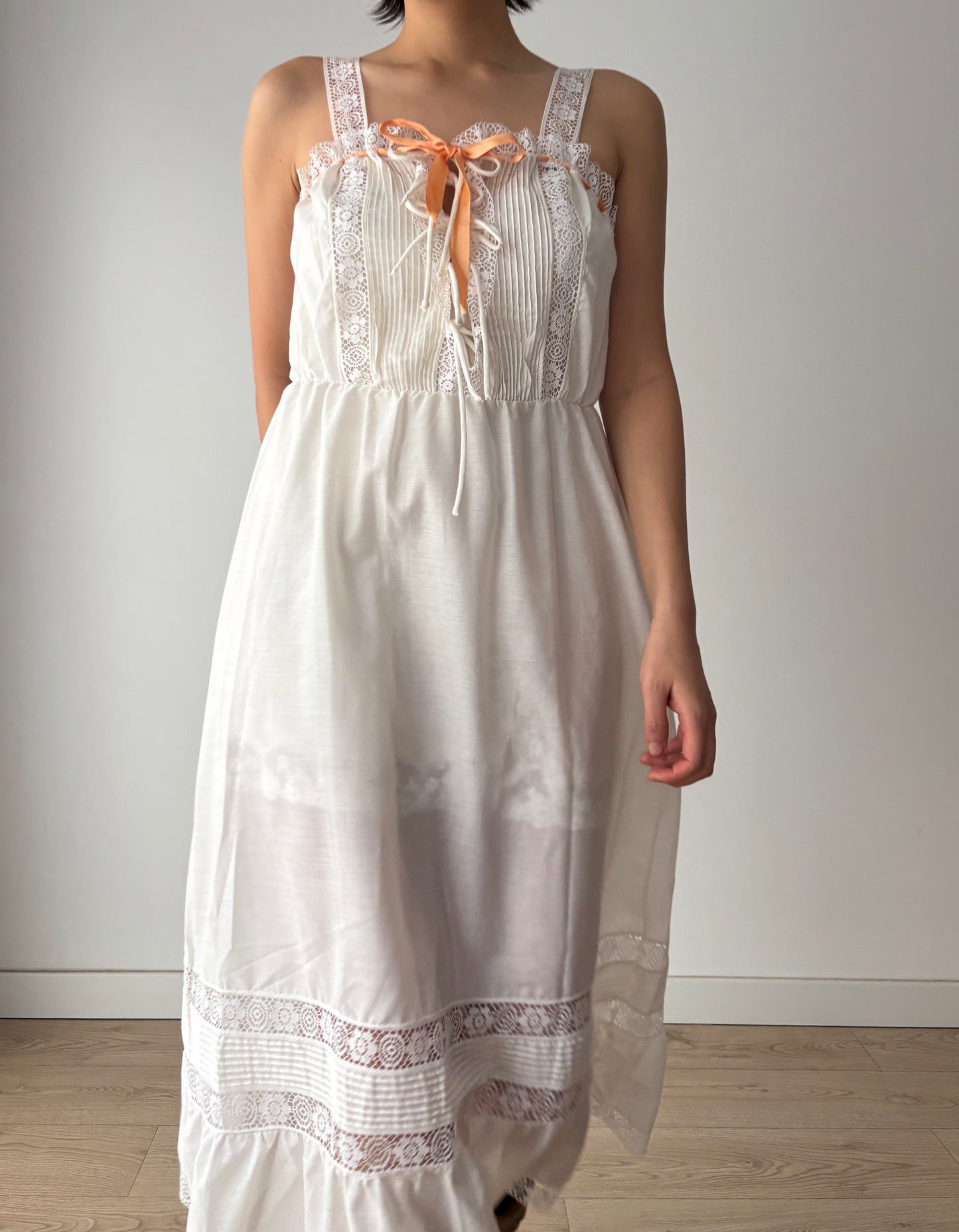 Edwardian Romantic Style White Cotton Lace Nightdress With Orange Ribbon Detail