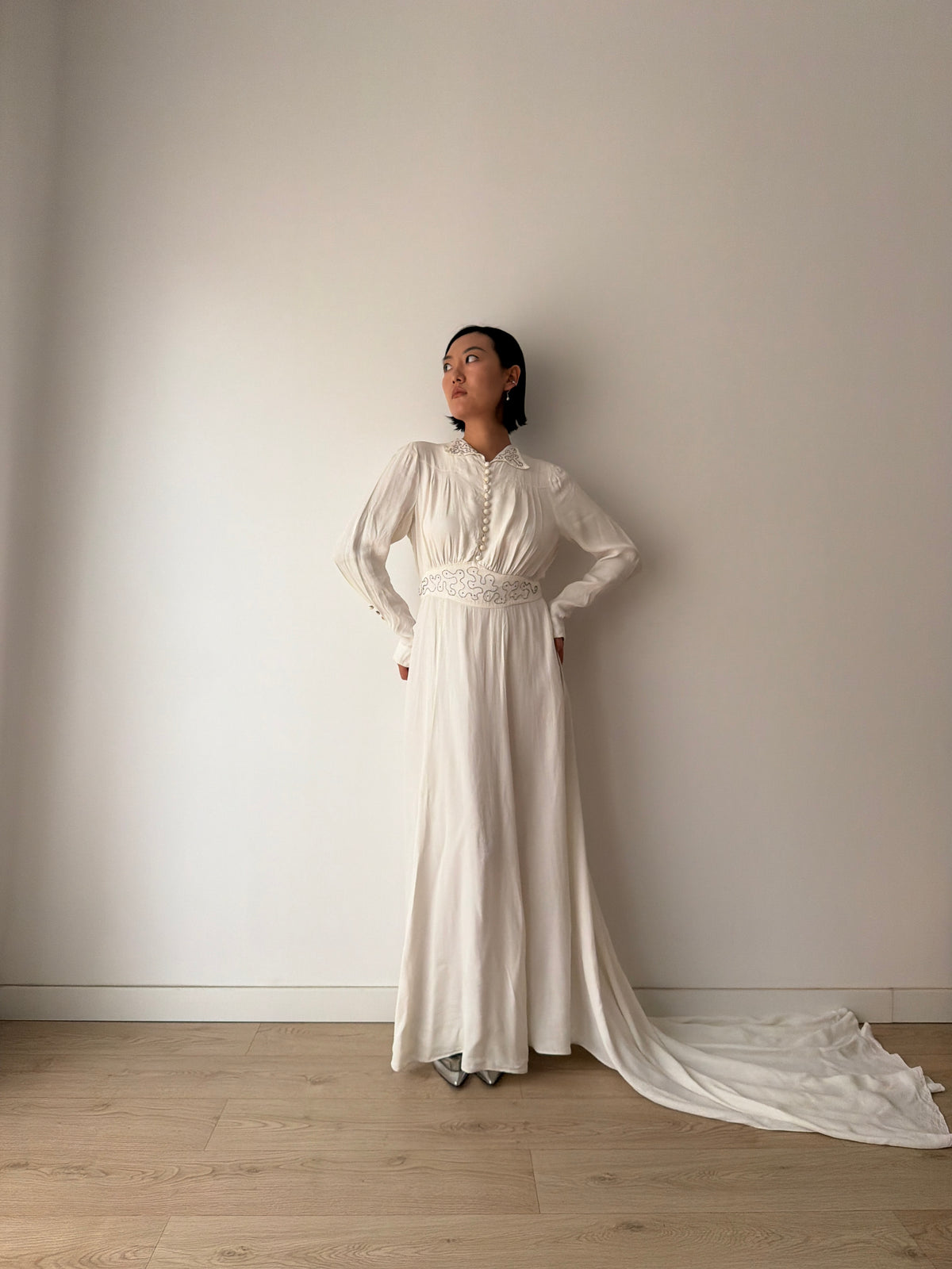 1940s Pure Silk Bridal Gown | White Beaded Embroidered Long Sleeve Wedding Dress with Train